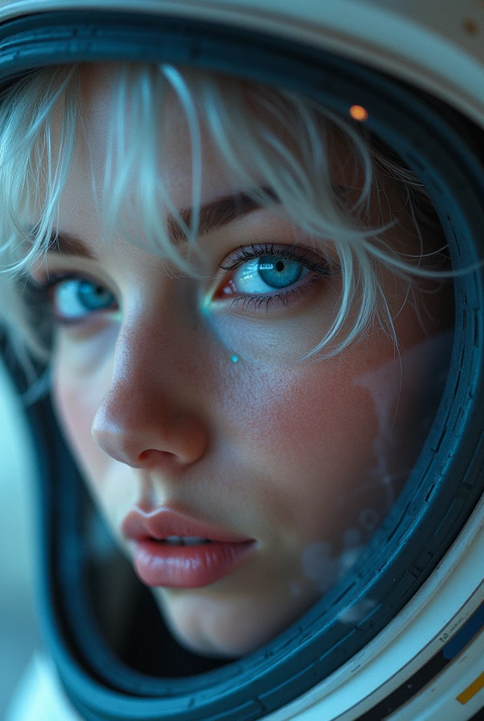 (Close-up of a better masterpiece:1.5)0.9], (Space and astronauts:1.2) (Messy silver hair:1.1) (Heterochromia xanthochromia and blue eyes:1.2) (Space Helmet:1.0) (Colored stars in the eyes:1.0) (A radiant glow:1.1) (thick lips:0.9)