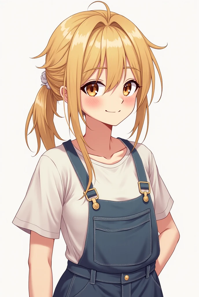Genshin impact Cute girl, long caramel hair, brown eyes, Nekomimi with leopard ears and tail, fangs, wearing plain white T-shirt with teal vest and denim shorts
