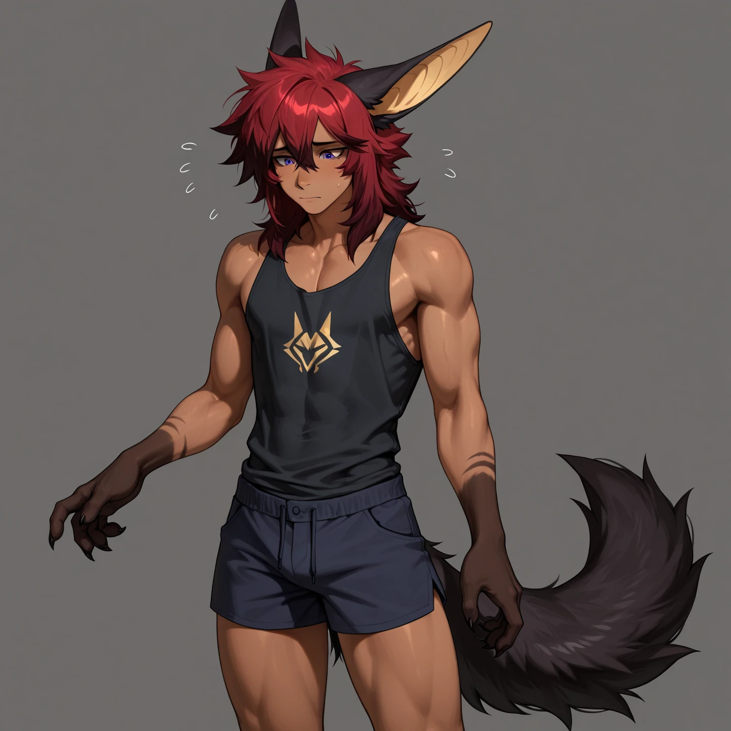 Male, robot wolf, detailed yellow eyes, long tail, big nipples, slim, sly, simple background,, smirk, bulge,  glasses, tail wrapping around body，aak