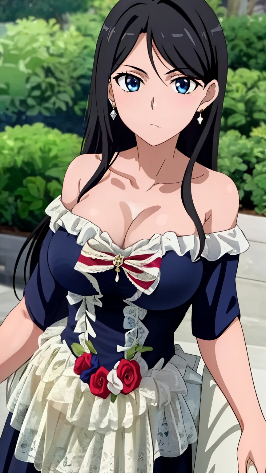 (Top quality, masterpiece, 8k), (Realistic skin texture), (anime coloring), very detailed, perfect face, beautiful eyes, perfect eyes, detailed eyes, feature large highlight, detailed face, ultra-detailed, detailed eyes, symmetrical eyes, (expressionless), Sharp details, 1girl, (Long black hair:1.2), (20 years old),(mature face:1.4), (medium breasts:1.2), (NSFW), Photorealistic perfect body, (mature face:1.0), nffsw, (blue dress, off shoulder dress, lace-trimmed dress, bare shoulders, frills), earrings, pendants, (garden), (cowboy shot:1.2), looking at the viewer, dutch angle,