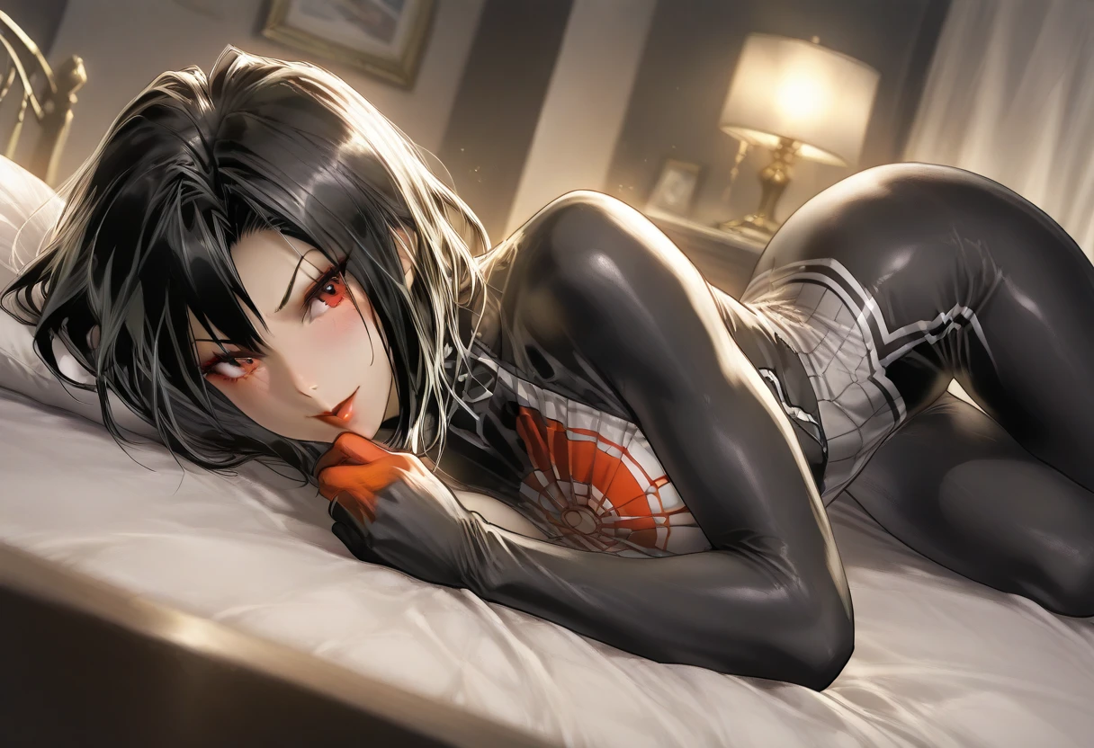 Mature, fully clothed, demonic clothing, hourglass body, HQ, full body picture, seductive body, lustrous body, looks at camera, high detail, demonic tail, Dark bedroom at night, big breasts, detailed background. a succubus laying on a bed, high detail picture.