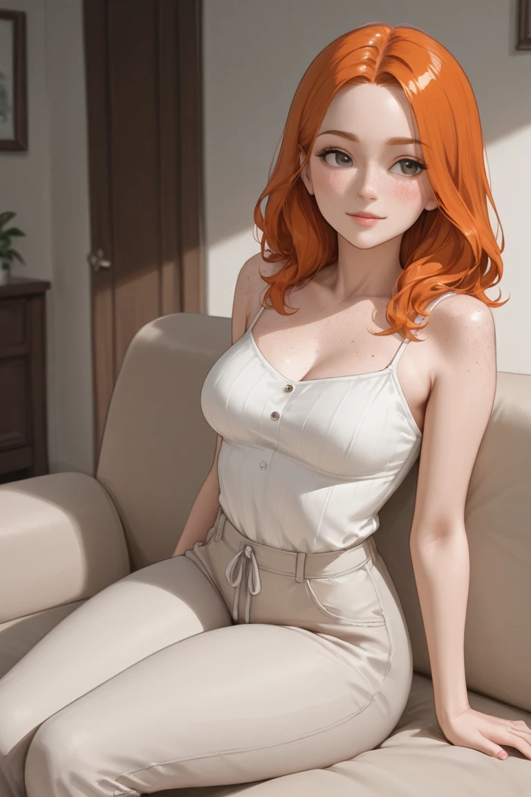 ((masterpiece, best quality)),(complex light), 1girl ,solo, Lois Griffin, <lora:loisGriffin_v10:.6>,  (sitting on chair: 1) , simple background,