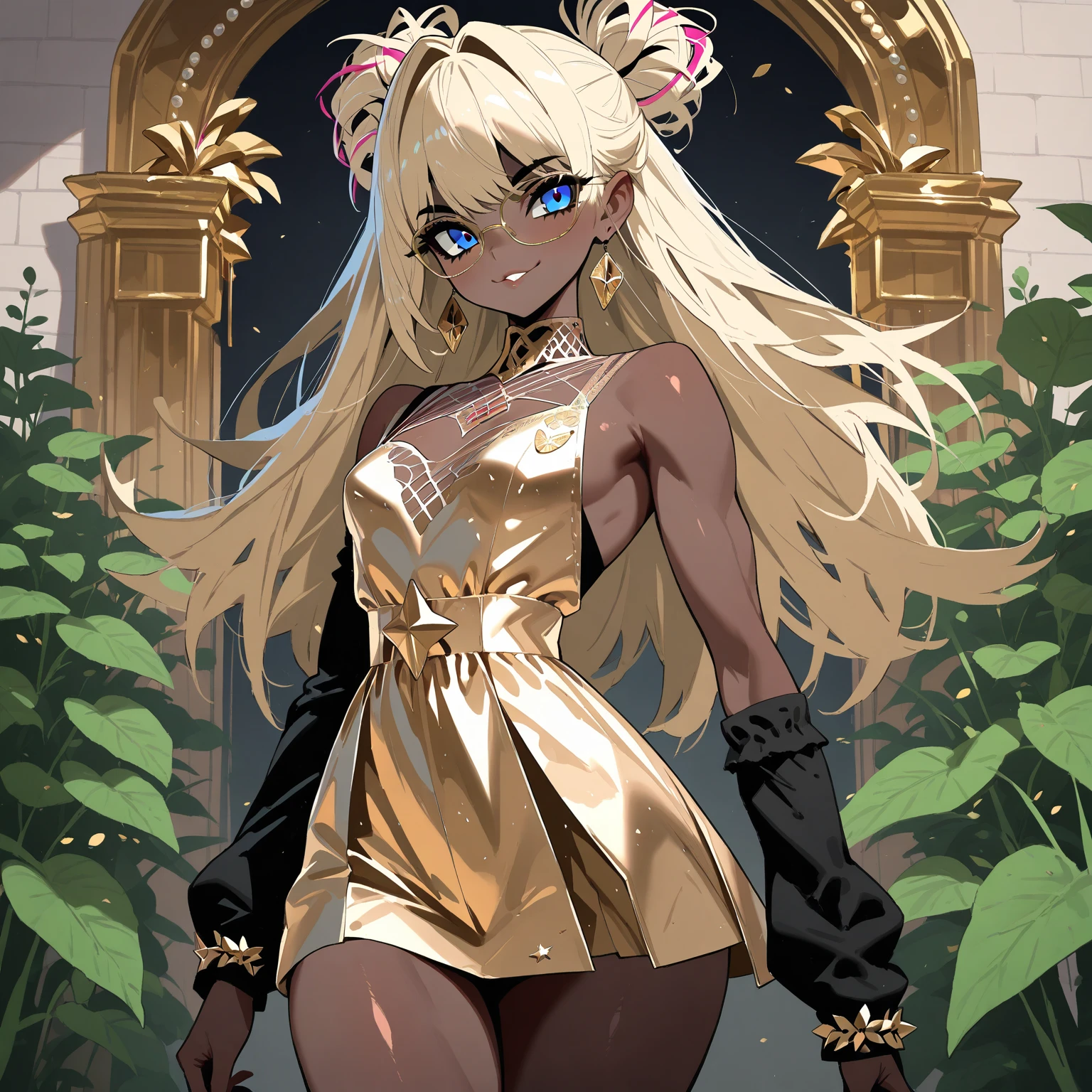 A girl with dark skin like anime, with a gold top, and bracelets on golden hands, with a skirt that covers her right leg but the left leg is very short up to the thigh, Her hair is straight, waist-length and is light yellow in color., Her hair is loose but she has two pigtails in the back., and has silver accessories on his head