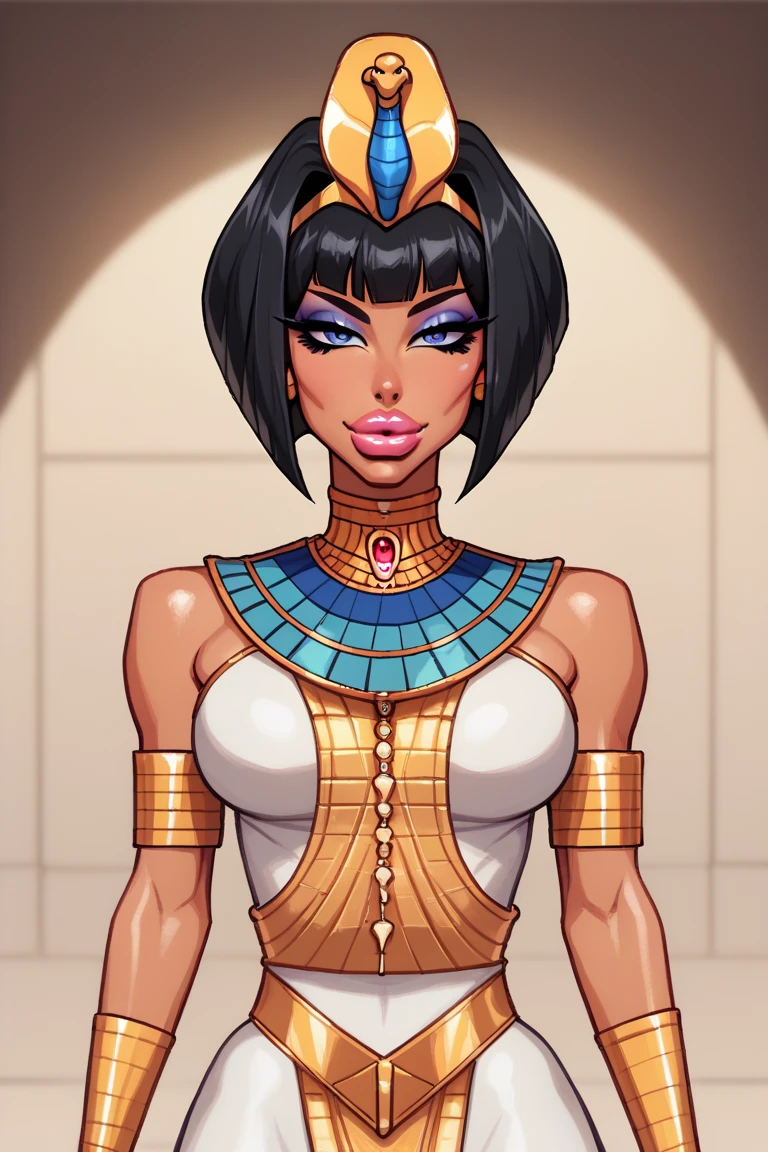 ((full body view)), (best quality,4k,8k,highres,masterpiece:1.2),ultra-detailed,(realistic,photorealistic,photo-realistic:1.37), ((masterpiece)),(((best quality))), ((egyptian empress, mature face)), ((middle eastern eyes:1.4)), ((straight black hair:1.4)), (((septum piercing)), defined cheekbones, high cheekbones, illustration, ((muscular:1.3)), ((gold:1.4)), sexy bimbo, (gigantic breasts:1.7) , black hair, ((detailed face:1.4)) beautiful woman, (Egyptian:1.4), colored skin, (white skin:1.4) , (red lipstick:1.4), shiny skin, ((skindentation)), (puffy lips:1.4) , 8k,16k, ( background, white background: 1.3) ((warm color palette)), ((ancient aesthetic))