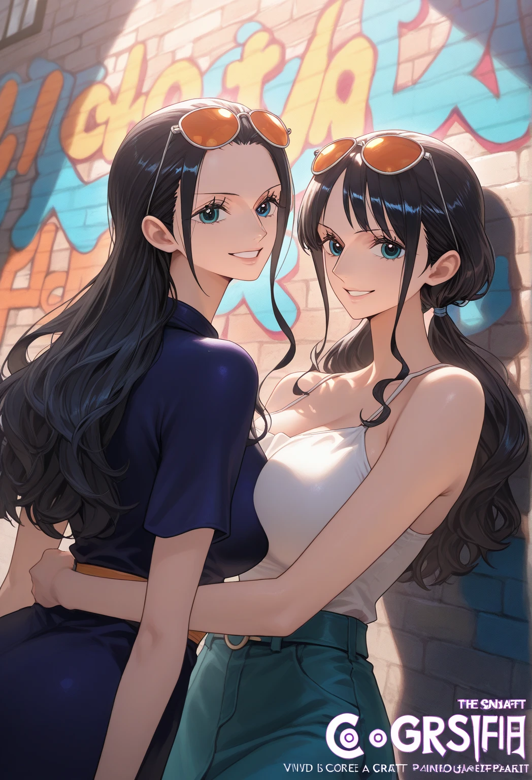 2heads, a thin woman with 2 heads. She has gigantic breasts. Her breasts are very round. She is wearing tight-fitting tank top. She is wearing loose jeans. She is outdoors on a city street at night. She looks drunk. She is smoking a cigarette. She has massive round breasts.