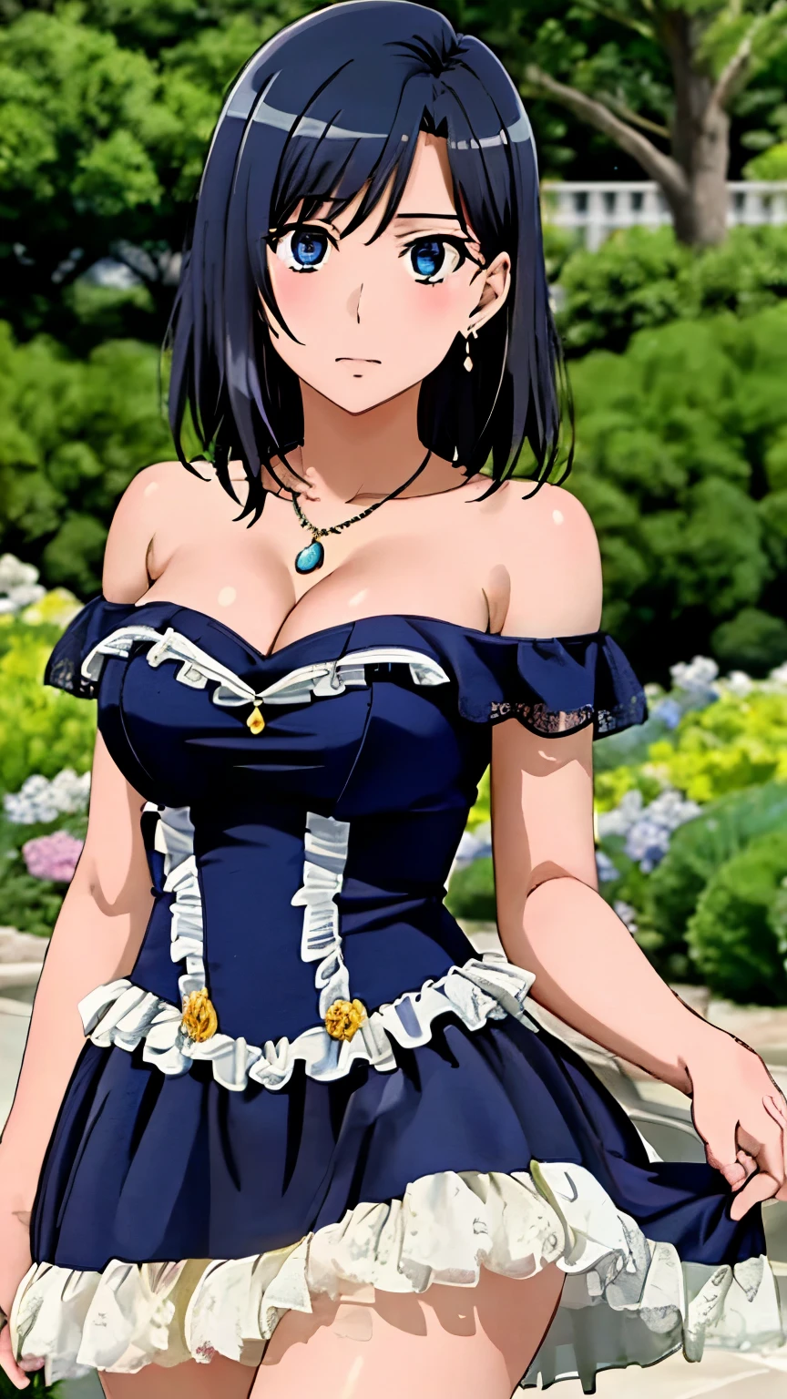 (Top quality, masterpiece, 8k), (Realistic skin texture), (anime coloring), Very detailed, very detailed, beautiful eyes, perfect eyes, detailed eyes, feature large highlight, detailed face, ultra-detailed, detailed eyes, symmetrical eyes, Sharp details, konori, blue eyes, black hair, (medium breasts:1.2), medium hair, healthy skin, nffsw, nffsw, (blue dress, off shoulder dress, lace-trimmed dress, bare shoulders, frills), earrings, pendants, (garden), (cowboy shot:1.2), looking at the viewer, dutch angle,