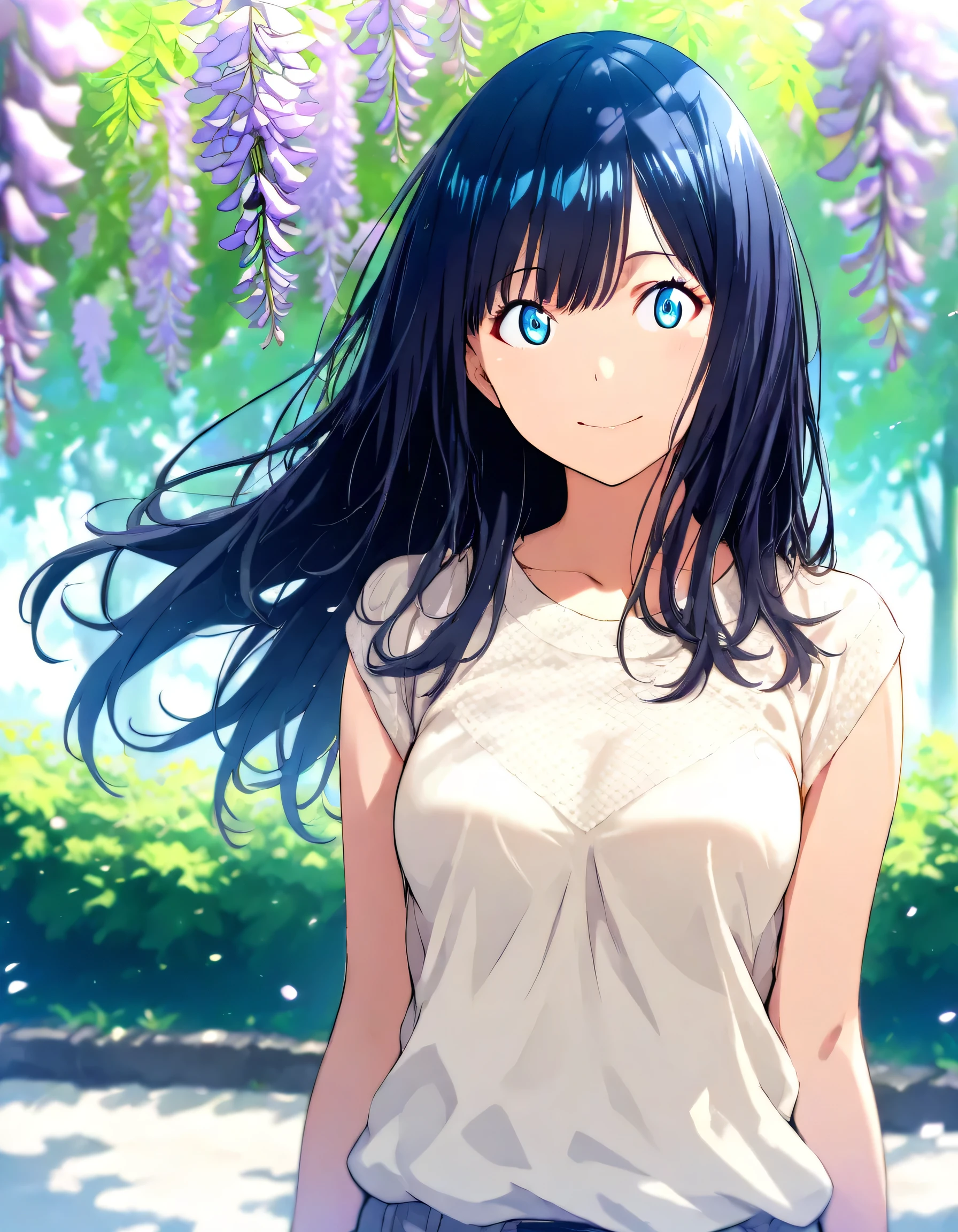1girl, gridman universe, year 2016, upper body, green park, spring, wisteria, casual clothes, masterpiece, high score, great score, absurdres, 16k, super detail