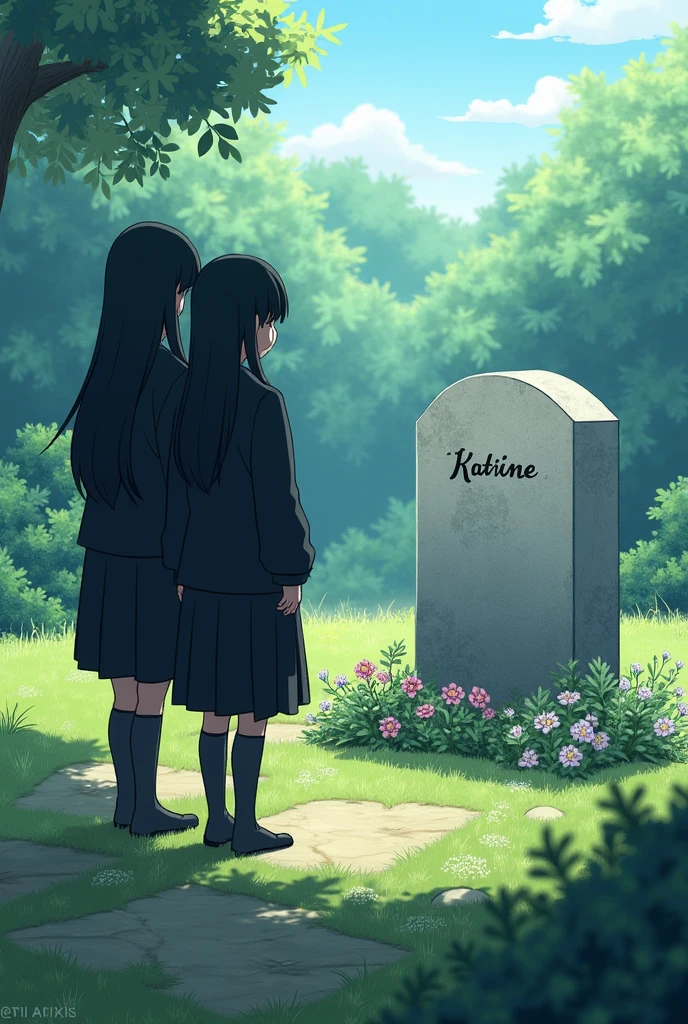 an anime girl on her knees with her head down in front of a tomb with the word kauê written on it