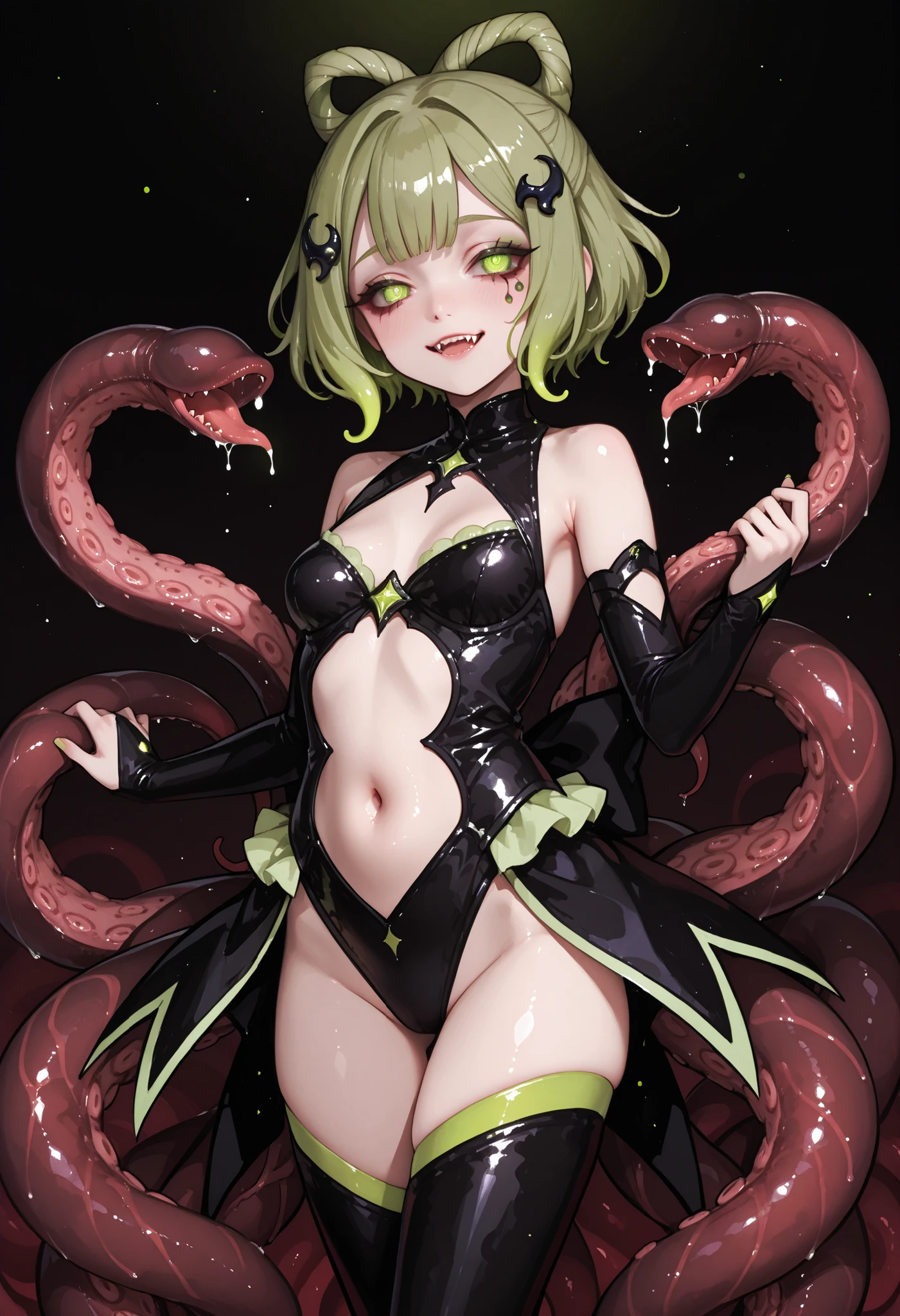 Tentacle girl. Dark style magical girl costume. Yellow-green hair. Short hair. Eye-shaped hair accessory. Droopy eyes. Eye tattoo on navel. Black costume. Leech-shaped tentacles. Tentacles with fangs. Bloodsucker. Glowing sphere on tip of the tentacle.