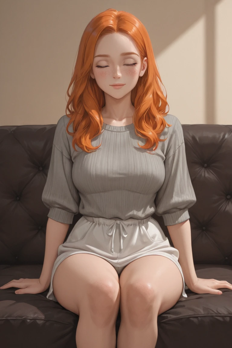A young woman alone with a well-shaped body with medium breasts, a large butt and a thin waist wearing a long dress without slits with dropped shoulders in dark green color with long straight orange hair green eyes pale skin faint dark circles and freckles standing in a library with a mysterious countenance((nsfw, nude, naked, spreading legs, sitting , bedroom, hairy pubic hair, view from front)),