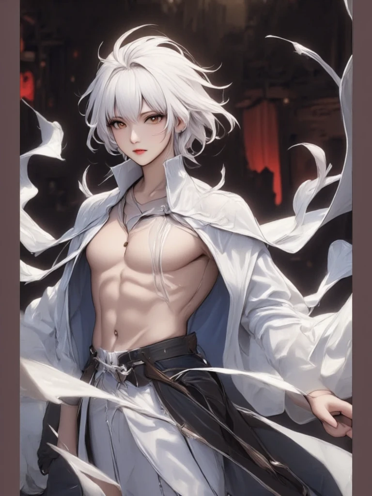 of a guy，perfect bodies，White，Cartoony，bareness，combats，long whitr hair，年轻，High quality，tmasterpiece，Not an inch