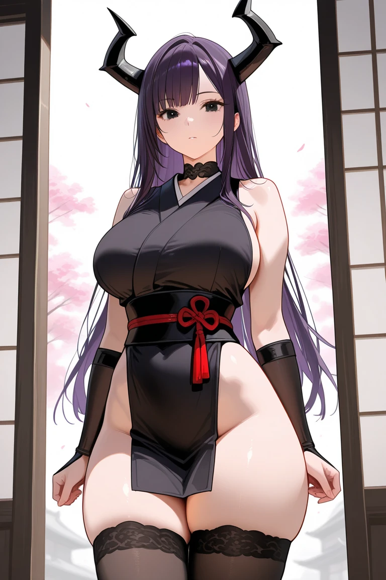 Female, Violet Hair, Violet eyes, Long Hair, Big Boobs, Yukata, Side Boobs, Arms Up, In Building