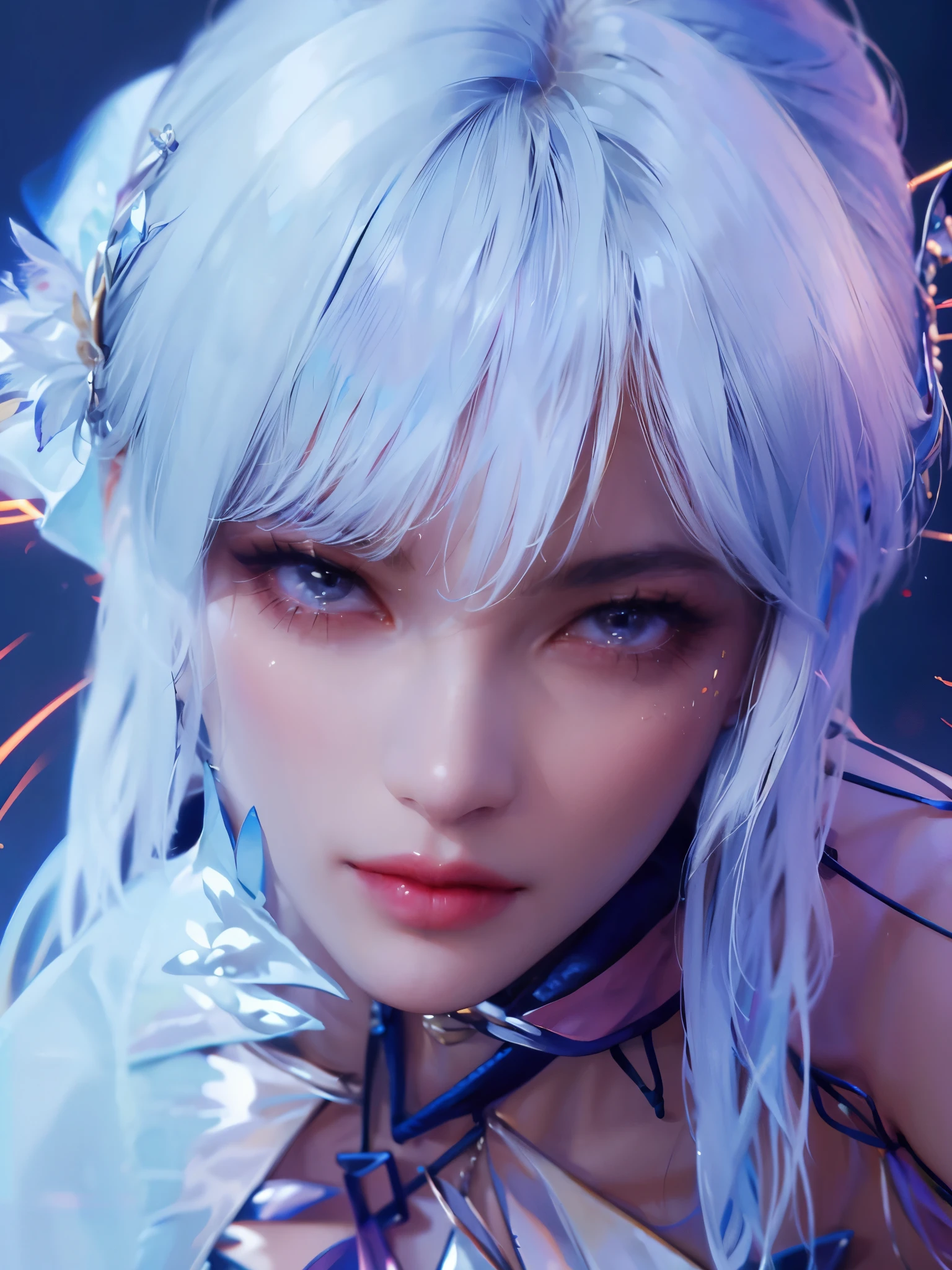 masterpiece，Best quality at best，A high resolution，8K，((Portrait))，(Head close-up)，Original photo，real photograph，digital photography，(Female adventurers in the medieval fantasy style)，(The Magician of the Fantasy World)，18-year-old girl，(Hair gradients of black and red)，Short white hair，Red eyes，(White and blue gradient short hair，The white)，(Big breasts)，An extravagant ornament，cparted lips，Keep your mouth shuegant and charming，((Devil's Eye))，Serious and arrogant，Calm and handsome，(Gorgeous robes of a wizard，Robe，The Magic Badge，A delicate pattern)，Bare shoulder，((A slender figure))，Photo pose，medieval characteredieval fantasy style，City background at night，oc render reflection texture