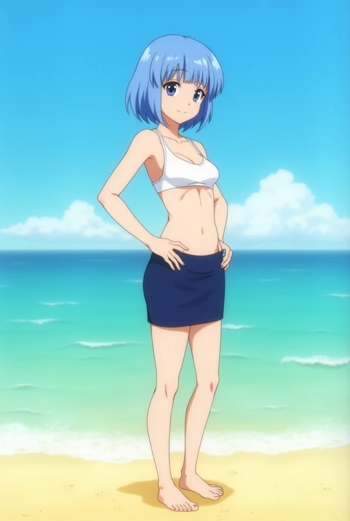 , (Spread your legs)、 (White panties), Sailor Warriors、Sailor Moon，mini skirt、mini skirtを履いている、 sunny, Mature Woman, Anime Cel Style, Highest quality, High resolution, one person&#39;s, (Large Breasts:1.2), Beautiful Face, Beautiful fingers, Beautiful long legs, Beautiful body, Beautiful Nose, Beautiful character design, Blue Hair, bangs, black eye,short hair、 Show Viewer, Cowboy Shot, blush、Eyes closed and embarrassed look、Nipples are visible、 、