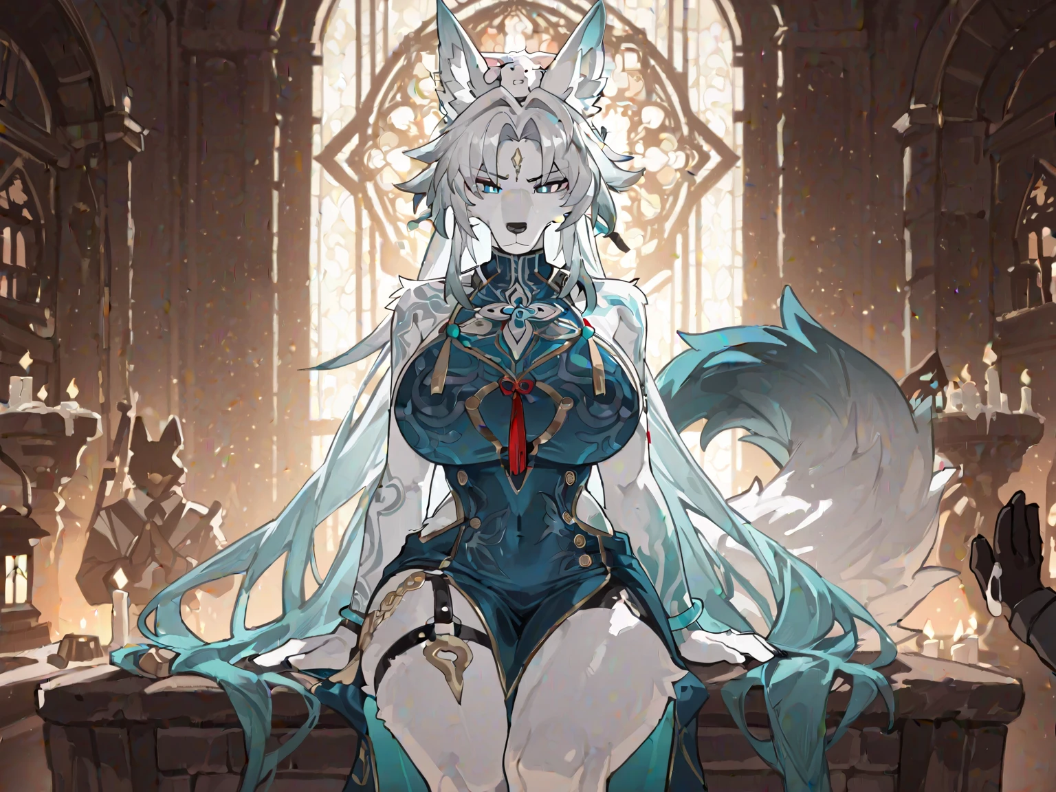 Far Mountain，bamboo forrest，Big-tailed wolf，blue color eyes，Gray hair，long whitr hair，female