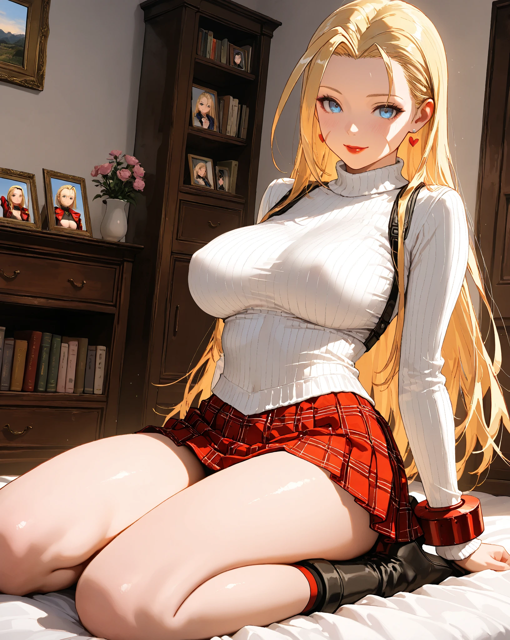 (masterpiece:1.4)、(highest quality:1.4)、ultra high resolution、beautiful features、Advanced detail、20 year old woman、blonde twintails、earrings、white long sleeve collared shirt、black tight skirt、black tights、(huge breasts:1.2)、red face、smile、sit、looking away,hotel bedroom、bed、窓の外はnight景、night
