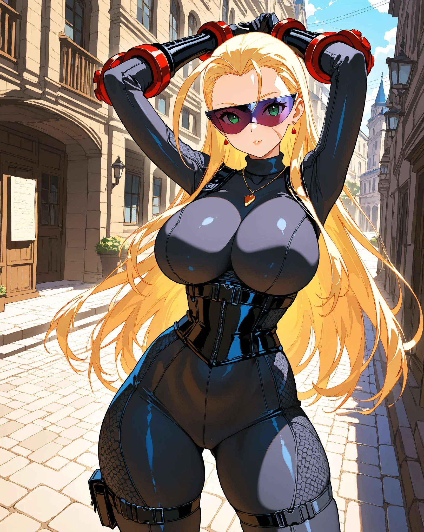 masterpiece, best quality, agrias, grey sweater, tight black leotard, standing, looking at viewer, blonde hair, superhero, bare legs, matching thigh-high boots, city backdrop