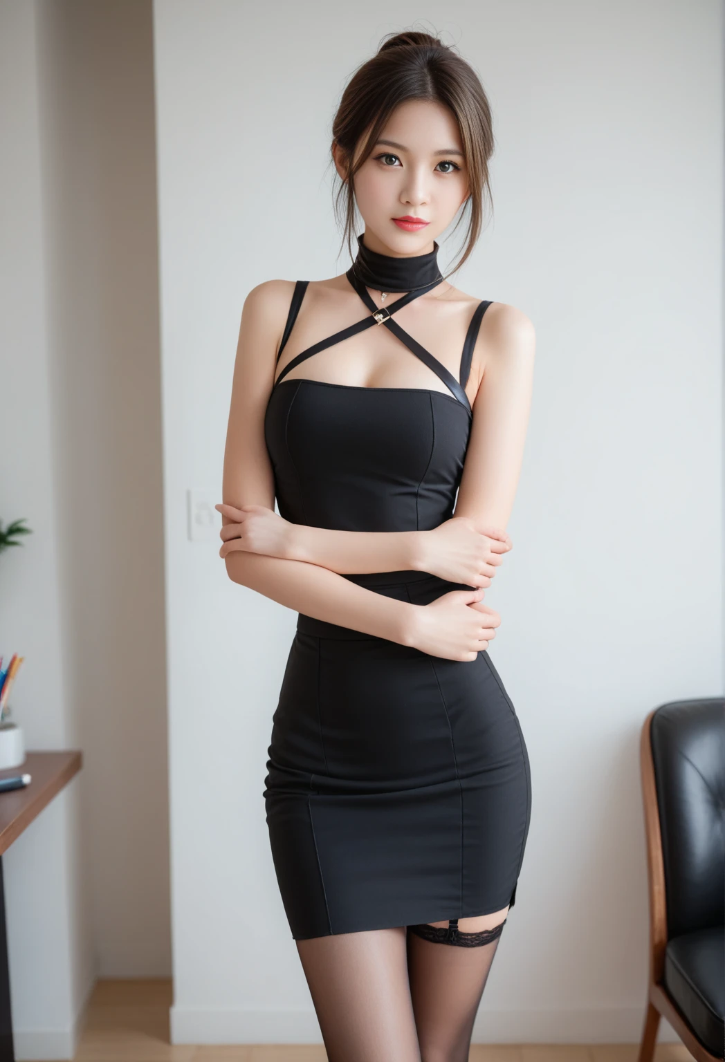1girl,beautiful vintage color, instagram (photorealistic, high resolution:1.4), ((puffy eyes)), looking at viewer, , full body (8k, RAW photo, best quality, masterpiece:1.2), (realistic, photo-realistic:1.37),(sharp focus:1.2), professional lighting, photon mapping, radiosity, physically-based rendering, (pale skin:1.2),(small breasts:1.2), looking at viewer, (middle hair:1.5), portrait, purple eyes, (sliver hair:1.1),bangs, (simple background:1.4), solo, upper body, realistic,(masterpiece:1.4),(best quality:1.4),(shiny skin),fashi-girl,makeup,smile(skinny,closed mouth,shy :1.3) ,(standing,black Stewardess uniform,Necromancer:1.1),medium bust,sexy pose ,