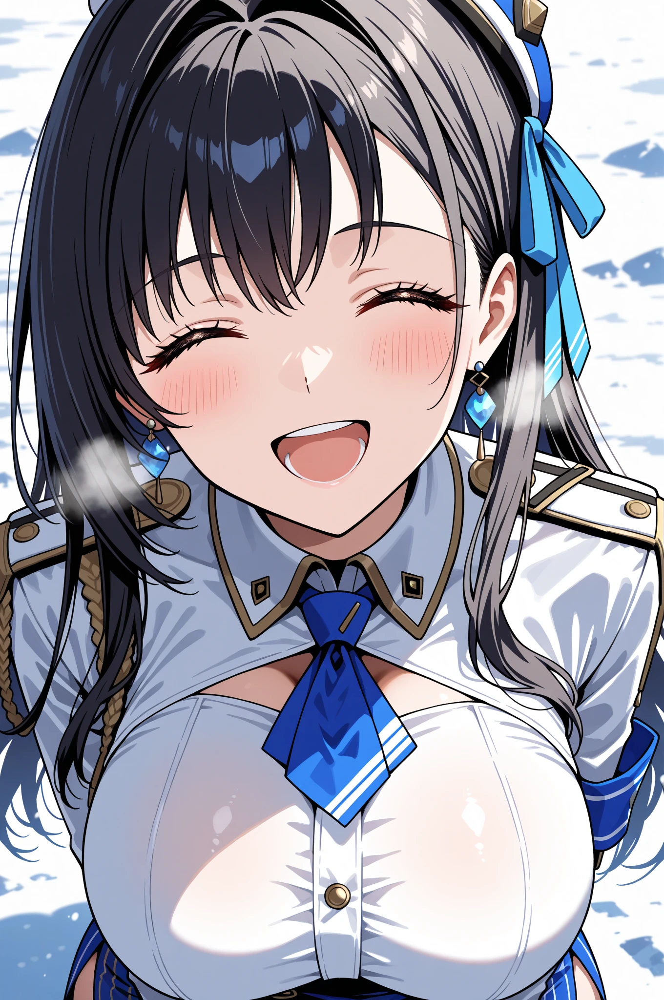 1girl, Rinoa, long hair, black hair, brown eyes, jewelry, necklace,, empty eyes ,large breasts, nipple, ,, Heavy snowfall area frozen (Sweating profusely, Love juice, Wet Woman, female ejaculation) crying mountain Alone, crying, Naked, with a ship, Peeing, lactation, projectile lactation