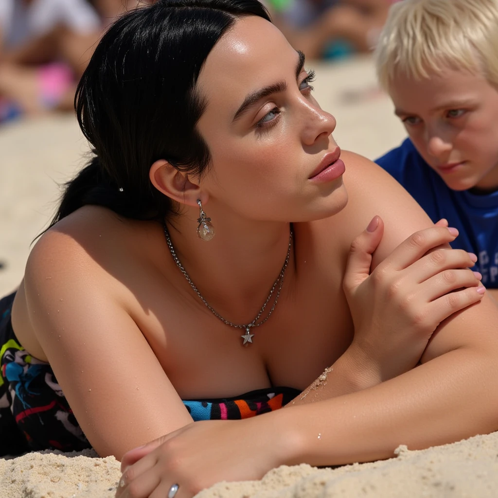 1mother in bikini and 1son, sunbathing