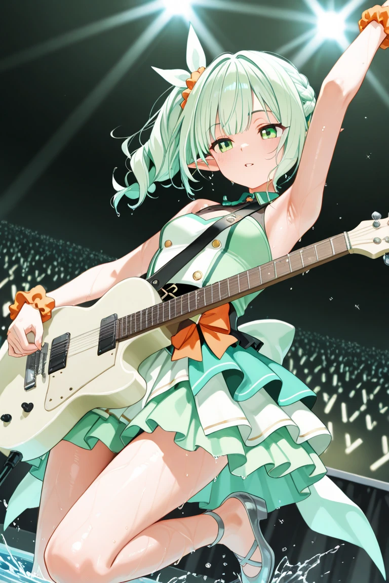 (best quality,highres:1.2),detailed,(lum),inside the school,on the stage,wearing ,playing electric guitar,portraits,vivid colors,stage lighting,energetic atmosphere,guitar solo
