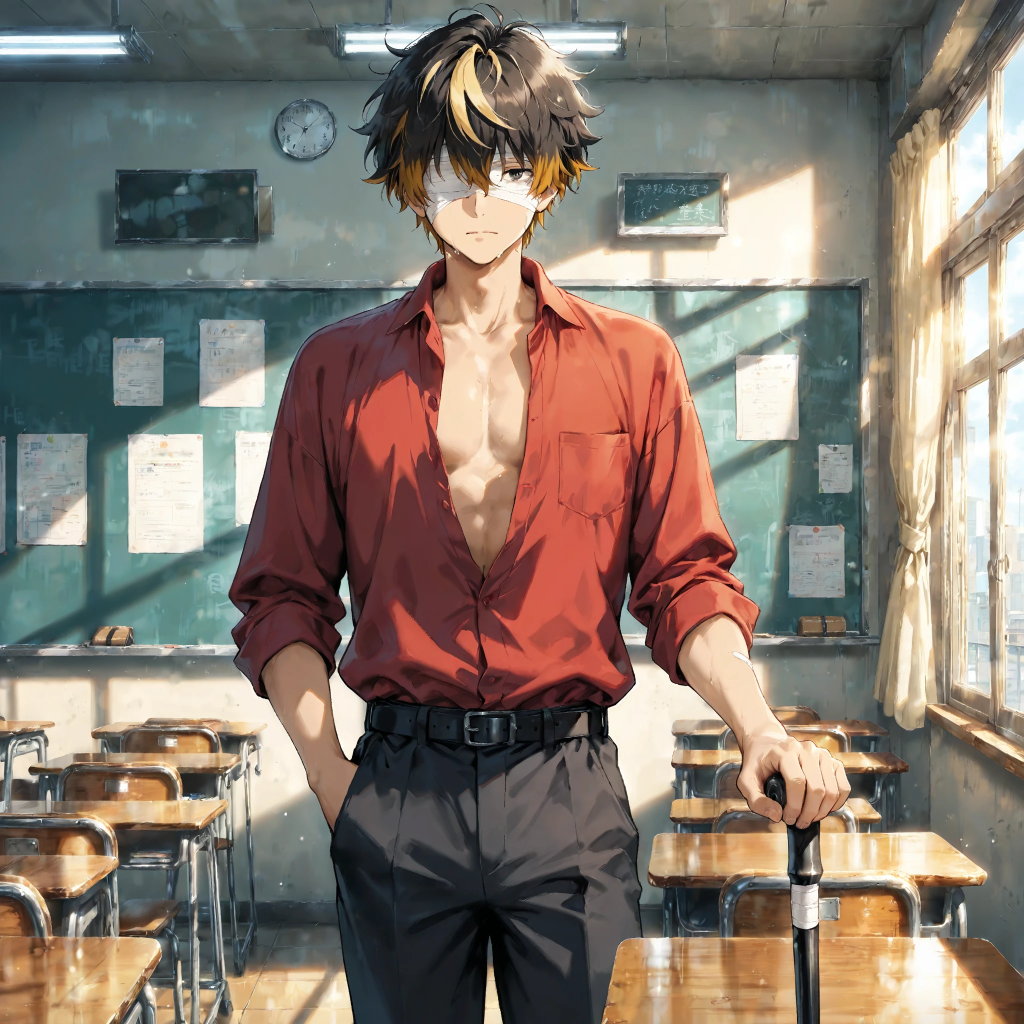 (masterpiece, Best Quality), extremely detailed, best quality, ultra-detailed, (best illumination, best shadow),1boy, male, man, tartaglia\(genshin impact\), solo, tartaglia\(genshin impact\), orange hair, short hair, perfect face, orange eyebrows, sharp eyes, blue eyes, smile,in the classroom, male, shy expression, twisted waist, black briefs, abs, muscular, clear skin, handsome, lewd, shirtless, topless, (black harness:1.4), dog ears, orange hair, tongue sticking, collar, dog chain, kneeling position, tongue sticking out, saliva, hands raised like a dog, fangs, hips, looking up