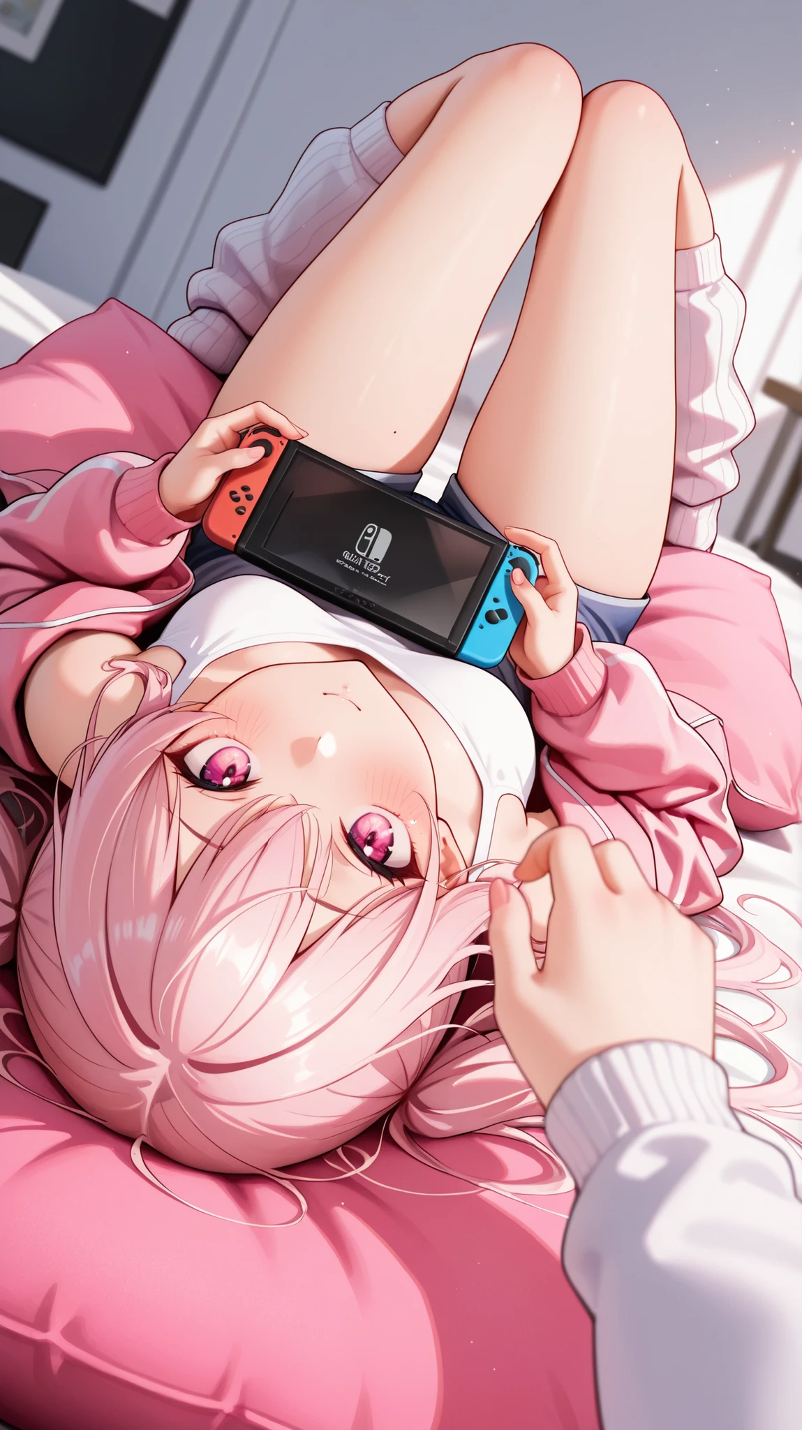 score_4, score_5, score_6, score_9, score_8_up, score_7_up,  <lora:nanakusa_nazuna:1>, nazunaxl, purple hair, braided hair rings, short hair, hair rings, blue eyes, ringed eyes, small breasts, on back, nintendo switch, smile, open mouth, fang, light blush, room,