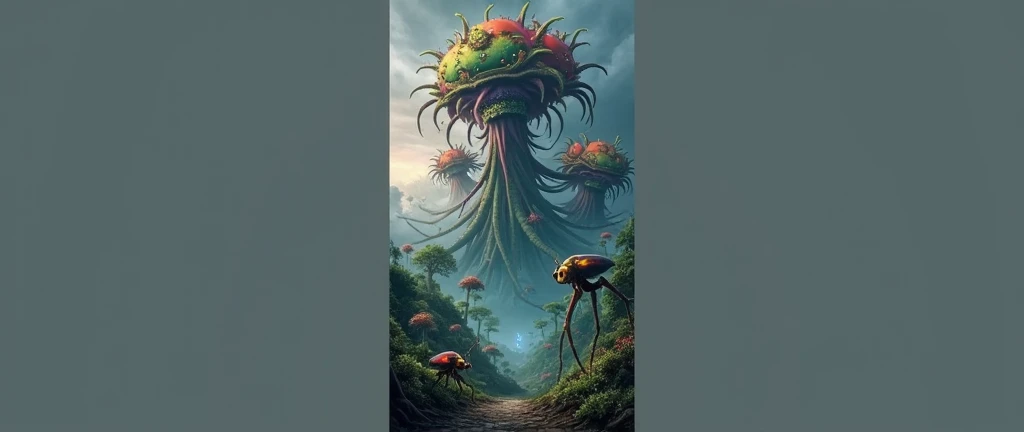 wimsical, fantasy concept art, ultra sharp, cute alien lifeform covered with shrooms, desert oasis at sunset with warm colors painting the sky and a tranquil atmosphere, intricate details, futurepunk, scifi, <lora:serco3_XL:0.8> serco style