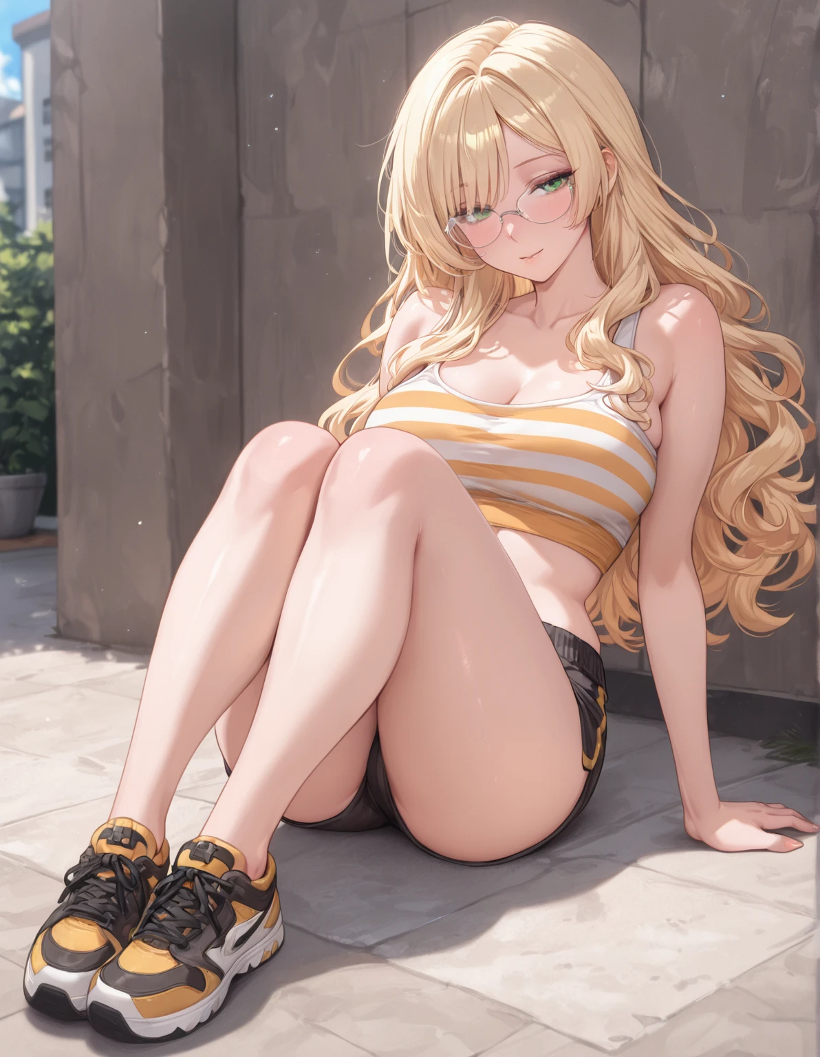 ((best quality, ultra detailed, masterpiece)), young honey babe, wearing a loose t-shirt and skimpy cropped shorts, wet skin, wet lips, glossy skin, shiny skin, thick ass, wide hips, slim waist