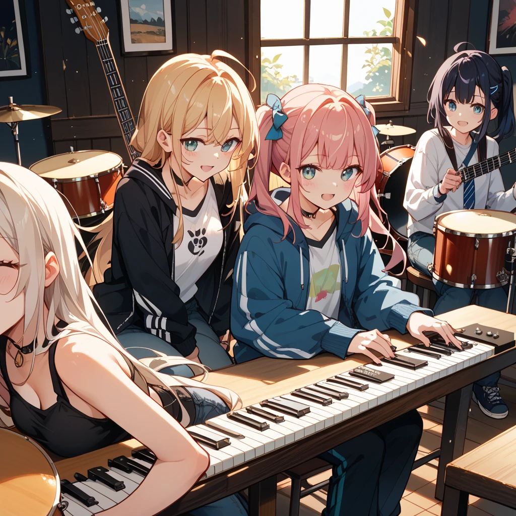 Cute girls lying down with their heads in the center in anime quality, 5Idol girls, band, guitar, drums, keyboard, Sleeping in a circle, Radial, Jacket illustration, arious pose, Kyoto Animation,