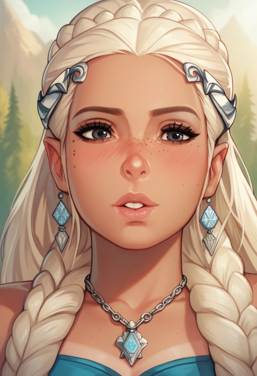 score_9, score_8_up,score_7_up, score_6_up, score_5_up, score_4_up, woman, best quality, highres, portrait, solo, beautiful, makeup, soft lips, daenerys (bored), large cleavage, beautiful red dress, (((simple background))), eyes closed, elf ears