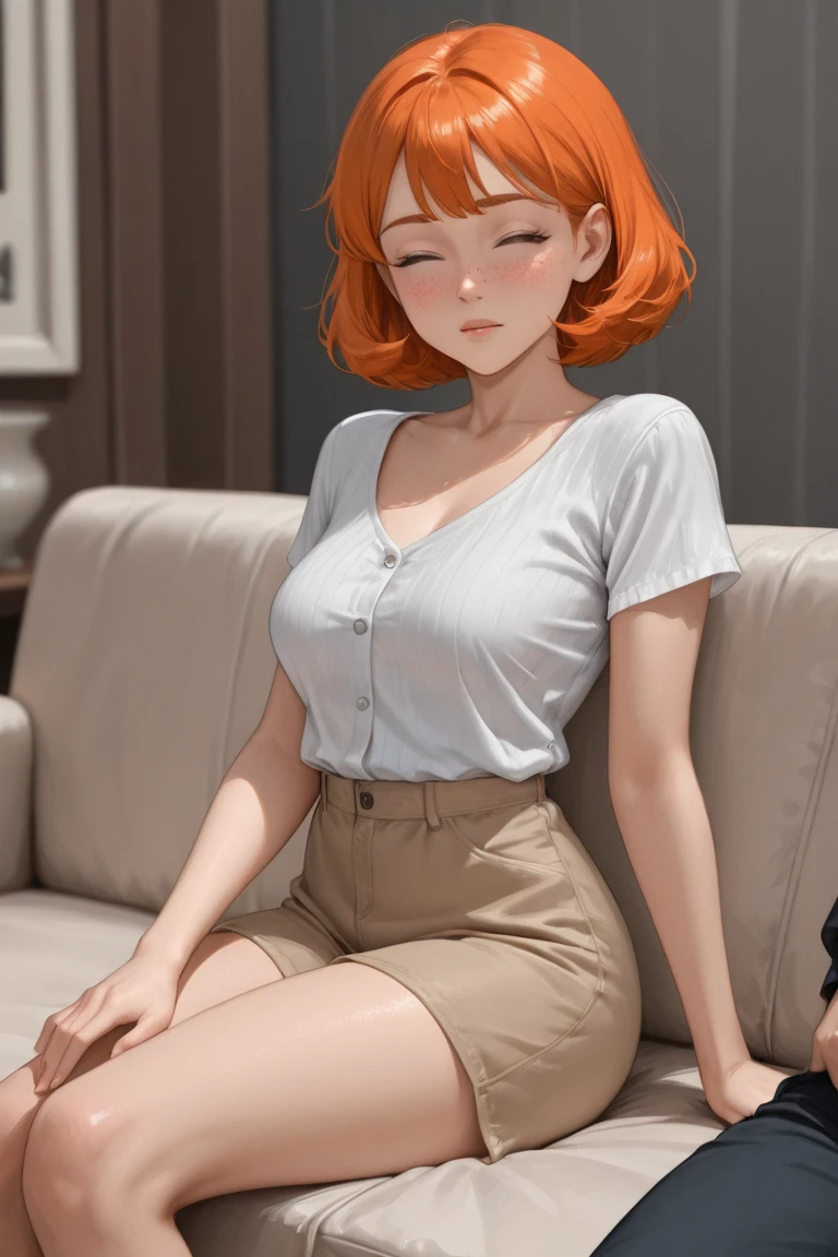 ((masterpiece, best quality)),(complex light), 1girl ,solo, Lois Griffin, short hair, <lora:loisGriffin_v10:.6>, (sitting on chair: 1) , simple background,