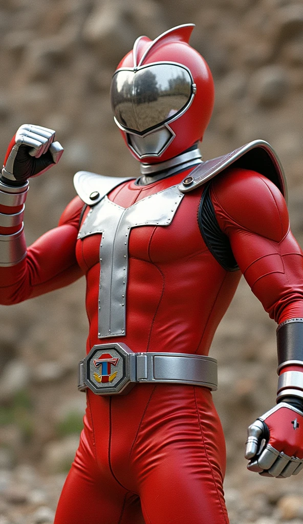 Fantasy background, cafe rpg style, empty chair, table, set of tea glass, (power rangers)), One guy、 Red costume, Solo, ((Slim figure)), (Anatomically correct), Cowboy shot, masked face, (Red composite tracksuit),
