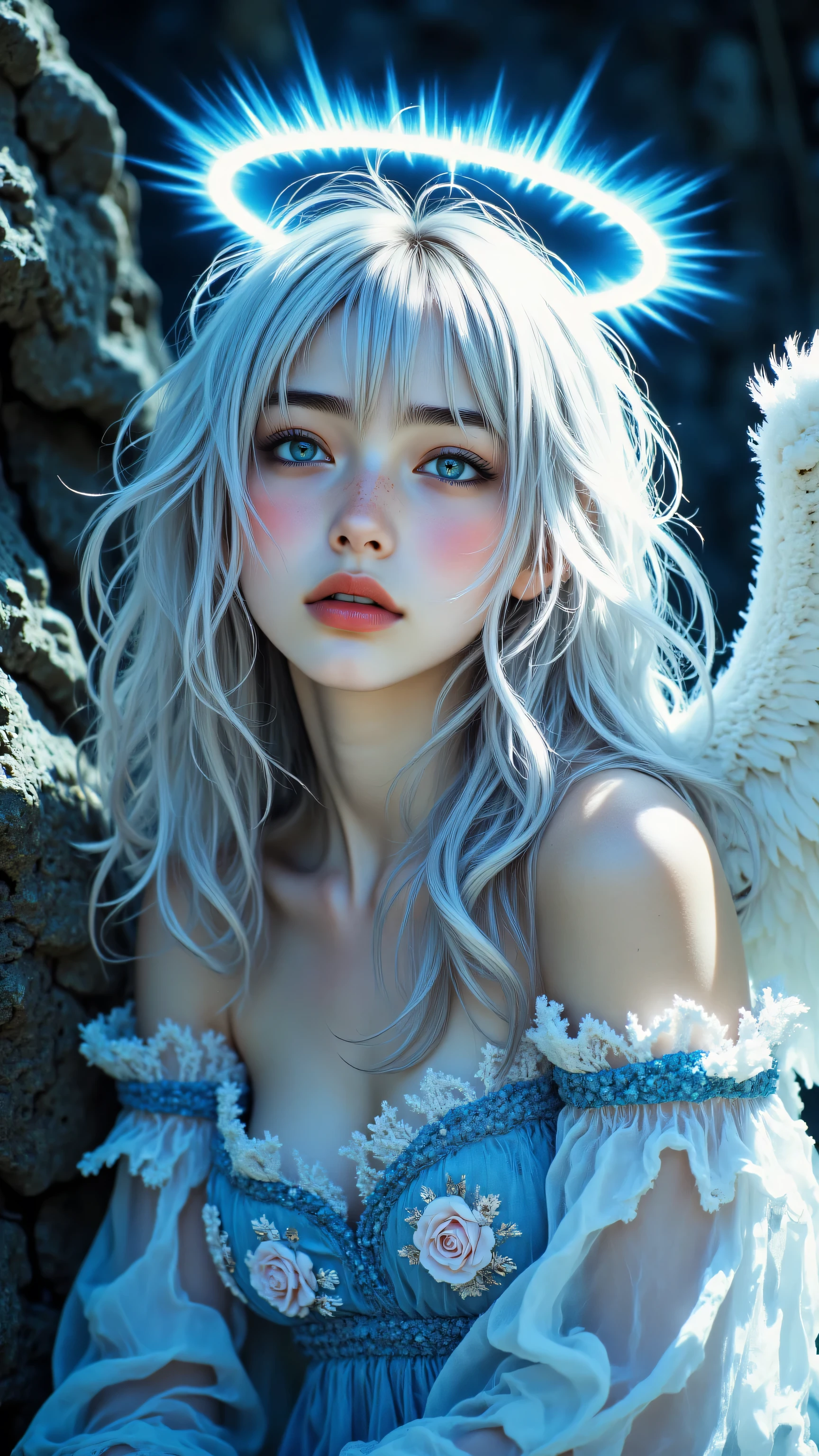 8k, masterpiece, top quality, eye-level, close-up, woman, long white silver hair, glowing light blue eyes looking slightly upwards, subtle makeup, glowing blue halo above head, white feathered angel wings, wearing light blue sheer dress with rose appliqués, reclining pose, dark rocky background, strong ethereal blue light, glowing highlights, high contrast, Angel