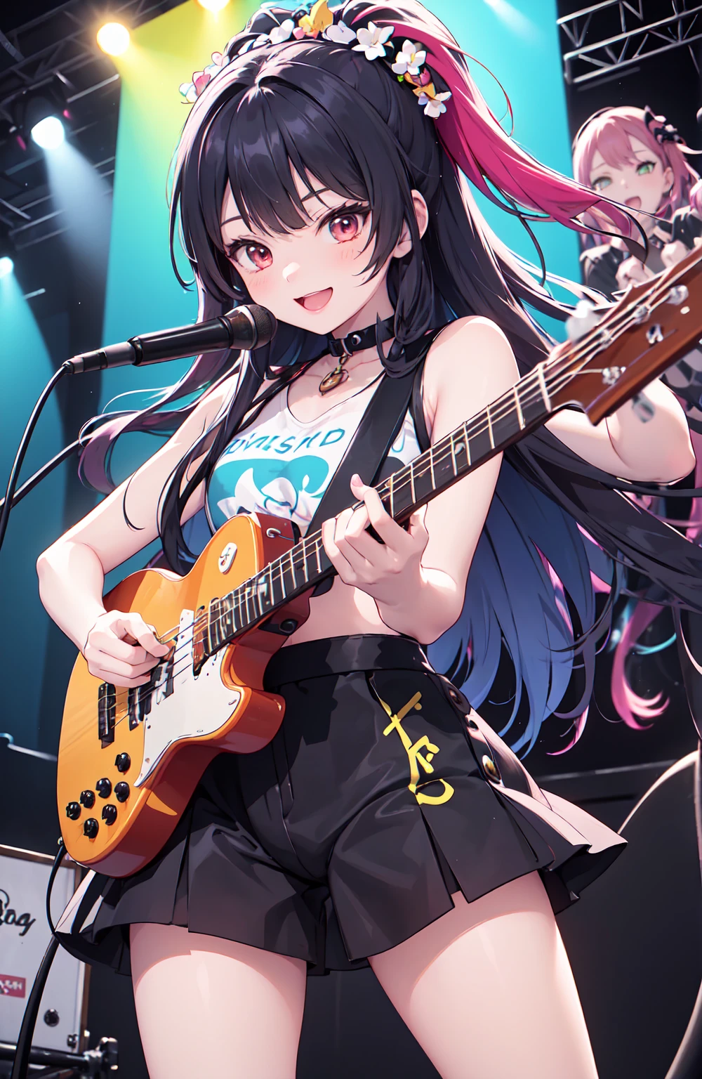 masterpiece,hyper quality, very detailed, perfect picture, CG, 3D, 8k, figure,
Demon slayer, Fallen Princess, beautiful face girl, one beautiful girl, スリーサイズ B90W60H95, Droopy eyes but cute, A dignified and cute expression, cute smile, black hair, ponytail, cowboy shot
(Design T-shirt:1.3), (tie the hem of a shirt:1.3), (plaid skirt:1.3), (long fishnet stockings:1.3), (hold an electric guitar:1.3),
live, best writing, on stage