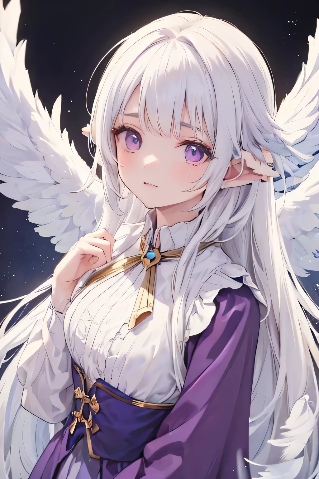 a female angel with long WHITE HAIR, albinic, and purple eyes. a long purple and gold dress, like in the Victorian era. Her expression is one of disgust and coldness, she is cold, as if she no longer has any perspective on life. long white wings on her back. small feathers above her ears, dont forget the feathers above the ears, they are important. she looks like a ager. please, focus on her face. remember she is an angel and have wings and feathers. the hair is WHITE, not blond. she is an albino. FEATHERS IN THE EARS