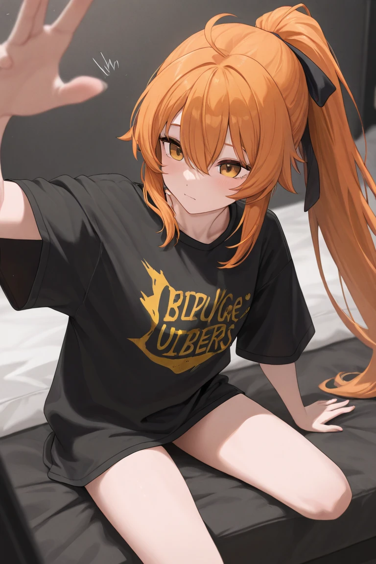 1 female, teacher, wearing dark yellow hoodie, bootyshorts, Thicc, dark yellow hair, long hair, pink glowing eyes, face to detail, detailed eyes, the background is a saferoom, drowzy eyes. jaw drop, arms wide open for a hug at the screen