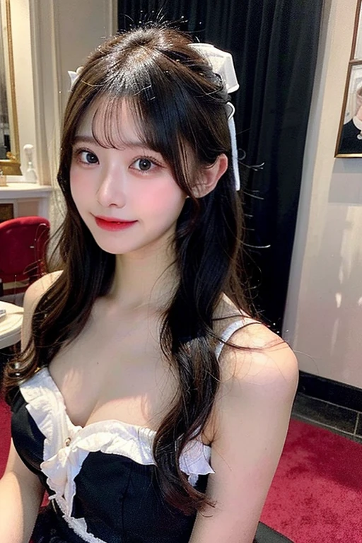 NSFW,(Beautiful 20 year old girl,double eyelids,tear bags,Big, round eyes、Long eyelashes),(H cup big breasts、Red Garter Belt)、(black long hair,bangs)、On the bed in a house where I live alone、highest quality, figure, Very detailed, Fine details, High resolution, 8K, Perfect dynamic composition, Beautiful fine details,Natural color lip, A shy smile、The only person, Bust up photo、Correct posture