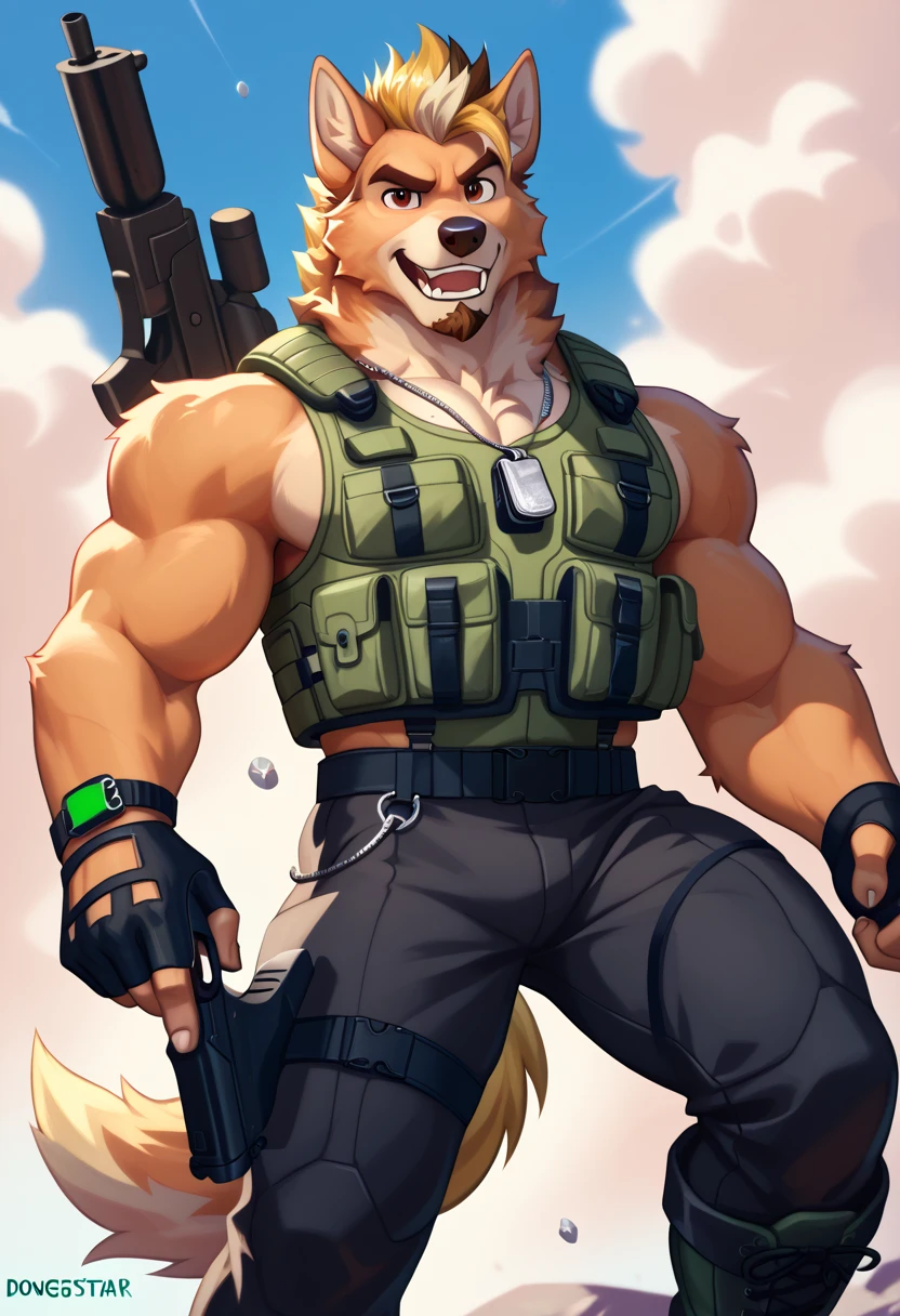 Masterpieces, furry, male, Anthropomorphic, red fox, blue eyes, black mark on muzzle, veiny, thin body, age 20, Delicate eyes, furred body, on a beach, perfect lighting, light particles,(best quality),(masterpiece),(ultra detailed), sharp focus, light particles, detailed barren background, desert camo military pants, open camo vest , wearing thight clothes , no shirt , fierce look, soldier look, full body, six pack abs, brown forearm, bulge, broad shoulders, big biceps, big pecs, big thighs, (((big feet))),
