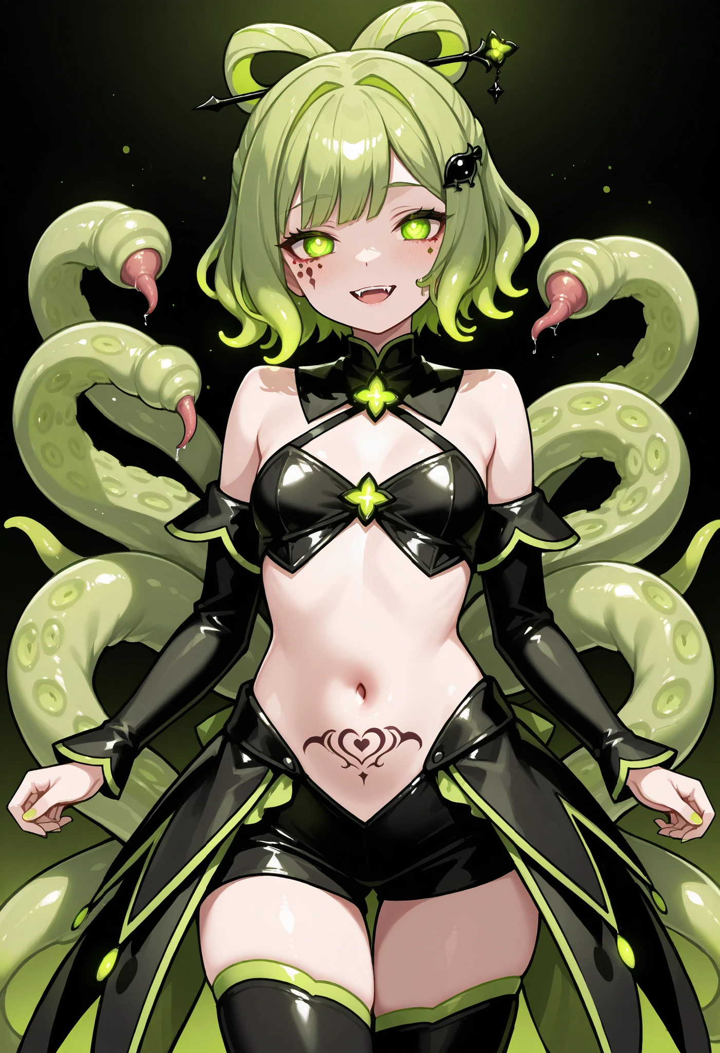 Tentacle girl. Dark style magical girl costume. Yellow-green hair. Short hair. Eye-shaped hair accessory. Droopy eyes. Eye tattoo on navel. Black costume. Leech-shaped tentacles. Tentacles with fangs. Bloodsucker. Glowing sphere on tip of the tentacle.