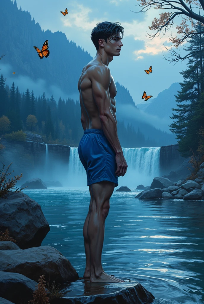 in roberto ferri art style, a 20 years old, perfect anatomy, golden hour, country boy, divine proportions, masculine gaze, handsome, realisitic skinny detailed muscles, shirtless, barefoot, he is taking classes at university, moutains, clouds, trees, butterflies, flowers, master piece, artstation trending
