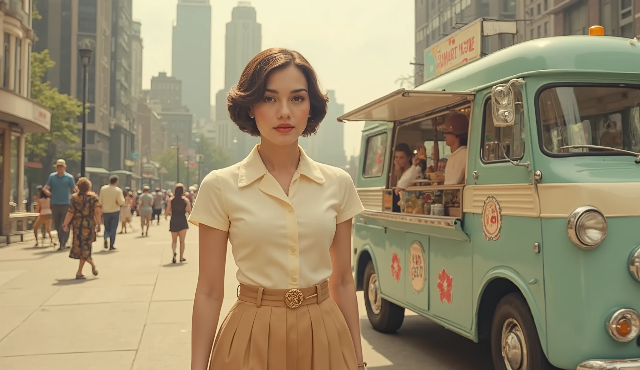 Young woman in 1950s-inspired outfit strolling past vintage ice cream truck; caucasian woman, 20-25 years old, short brown hair, light complexion; pale skin; wearing a cream-colored button-up shirt, fitted, with a gold/bronze, pleated midi-skirt, gold/bronze belt; light golden tones; confident pose; straight posture, looking directly ahead; urban setting, modern city skyline, mid-century modern style; pastel light teal blue and beige ice cream truck, decorative floral patterns; large, stylized, modern, skyscrapers in background; light, golden-hour sunlight; soft, filtered light; paved, light grey/beige urban street; focal point: woman; camera angle: mid-range, slightly angled; vintage, retro style; dreamy, optimistic atmosphere. 4k, HDR