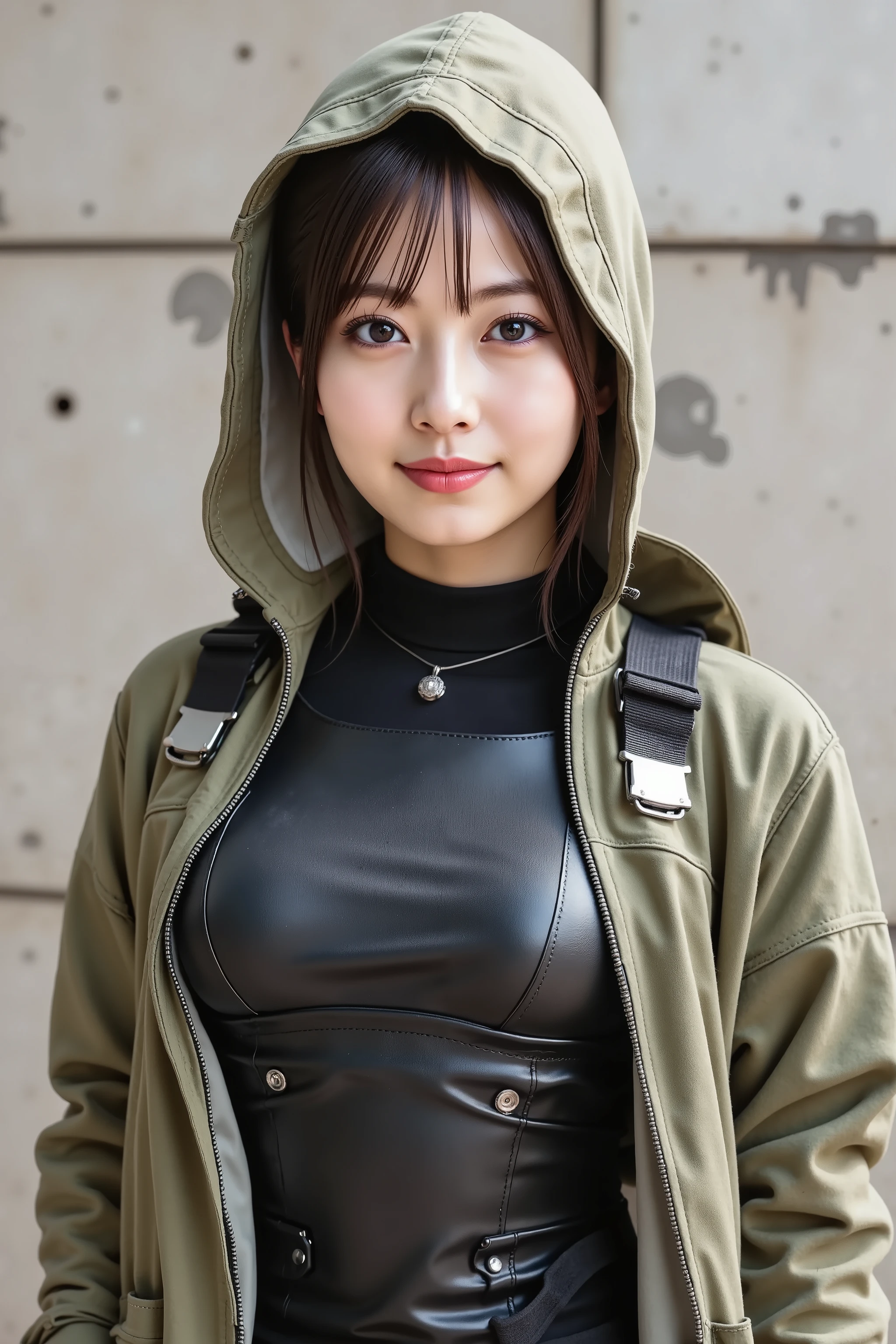 firm breast, Big breasts, cleavage, by adjusting the framing so the subject's full head is visible within the composition, a highly detailed and realistic digital illustration of a female character in a stylized military-inspired fantasy outfit, A realistic photographic composition framed from just below the shoulders of a female subject standing upright against a distressed urban concrete-tiled backdrop, ensuring her entire head is fully visible without any cropping. The background comprises large pale gray ceramic tiles with irregular black paint splatters and faint grout lines, softly blurred into smooth circular bokeh by a shallow depth of field created with an 85 mm equivalent prime lens at f/2.2. The scene is illuminated by diffuse natural daylight filtered through overcast skies, producing even soft shadows and gentle highlights across both fabric and metal surfaces. The subject wears a layered tactical ensemble: an olive-green hooded field jacket made from matte woven nylon with a water-resistant finish, unzipped at the front to reveal a segmented steel chest plate contoured to the torso, each brushed-metal panel secured by black nylon webbing straps and low-profile quick-release buckles. Under the armor, a form-fitting black undershirt of moisture-wicking stretch fabric clings smoothly to the body, showing fine overstitch detailing along the collar, shoulder seams, and side panels. A single anodized-aluminum pauldron is bolted to the right shoulder via discreet rivets, reflecting soft specular highlights. The jacket sleeves are rolled up to reveal tactical gloves of textured synthetic fabric in matte black, with reinforced stitching visible around the knuckles. A slender metal pendant dangles from a thin lanyard beneath the chest plate and disappears into the jacket. The jacket hem and collar edges show realistic wear with subtle abrasion marks and raw-cut seams. The lighting reveals fine textural detail in the nylon weave, armor finish, and glove material,