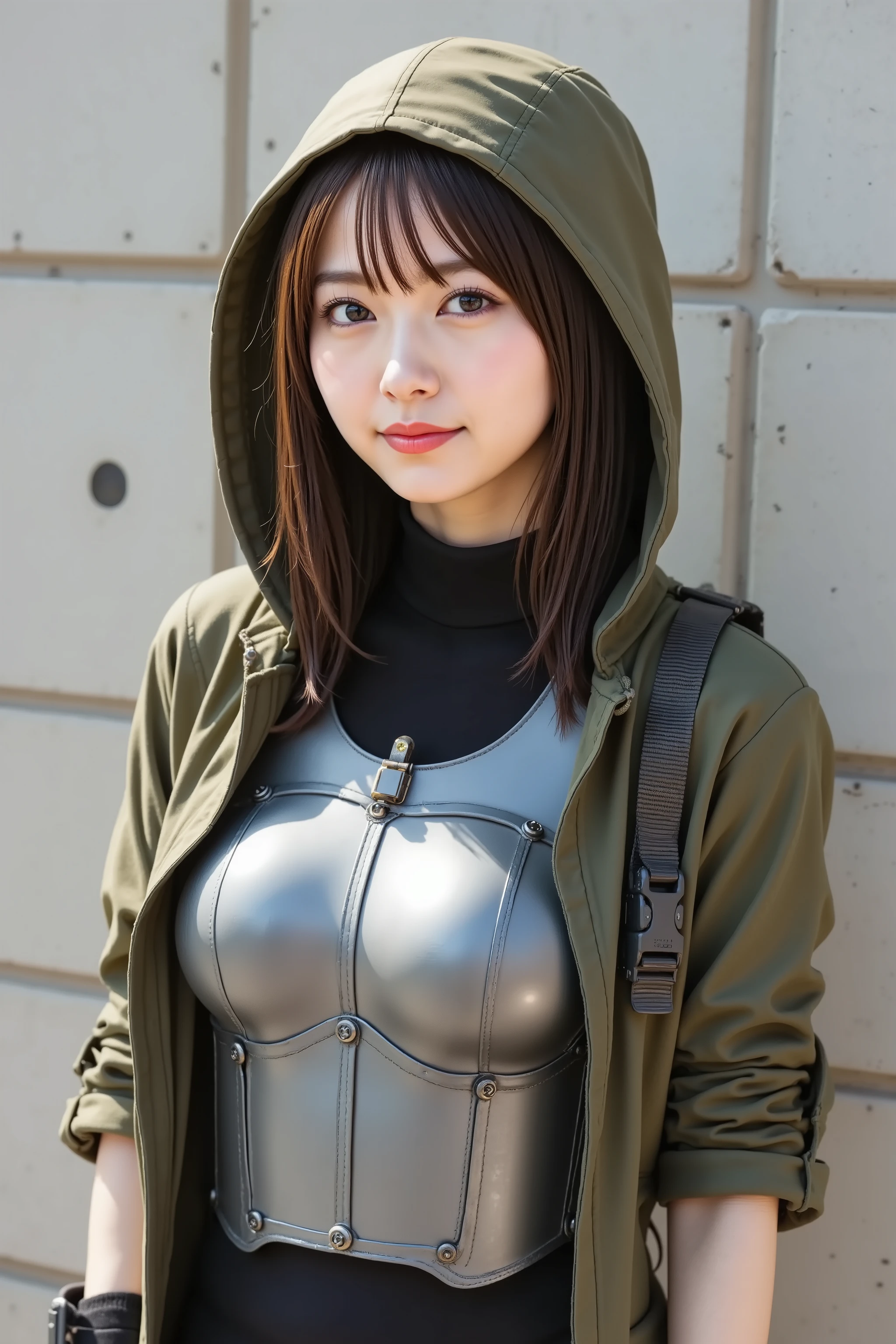 firm breast, Big breasts, cleavage, by adjusting the framing so the subject's full head is visible within the composition, a highly detailed and realistic digital illustration of a female character in a stylized military-inspired fantasy outfit, A realistic photographic composition framed from just below the shoulders of a female subject standing upright against a distressed urban concrete-tiled backdrop, ensuring her entire head is fully visible without any cropping. The background comprises large pale gray ceramic tiles with irregular black paint splatters and faint grout lines, softly blurred into smooth circular bokeh by a shallow depth of field created with an 85 mm equivalent prime lens at f/2.2. The scene is illuminated by diffuse natural daylight filtered through overcast skies, producing even soft shadows and gentle highlights across both fabric and metal surfaces. The subject wears a layered tactical ensemble: an olive-green hooded field jacket made from matte woven nylon with a water-resistant finish, unzipped at the front to reveal a segmented steel chest plate contoured to the torso, each brushed-metal panel secured by black nylon webbing straps and low-profile quick-release buckles. Under the armor, a form-fitting black undershirt of moisture-wicking stretch fabric clings smoothly to the body, showing fine overstitch detailing along the collar, shoulder seams, and side panels. A single anodized-aluminum pauldron is bolted to the right shoulder via discreet rivets, reflecting soft specular highlights. The jacket sleeves are rolled up to reveal tactical gloves of textured synthetic fabric in matte black, with reinforced stitching visible around the knuckles. A slender metal pendant dangles from a thin lanyard beneath the chest plate and disappears into the jacket. The jacket hem and collar edges show realistic wear with subtle abrasion marks and raw-cut seams. The lighting reveals fine textural detail in the nylon weave, armor finish, and glove material,