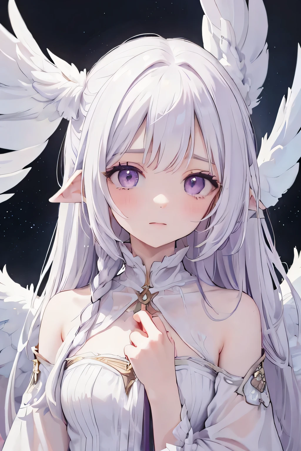 a female angel with long WHITE HAIR, albinic, and purple eyes. a long purple and gold dress, like in the Victorian era. Her expression is one of disgust and coldness, she is cold, as if she no longer has any perspective on life. long white wings on her back. small feathers above her ears, dont forget the feathers above the ears, they are important. she looks like a ager. please, focus on her face. remember she is an angel and have wings and feathers. the hair is WHITE, not blond. she is an albino. FEATHERS IN THE EARS