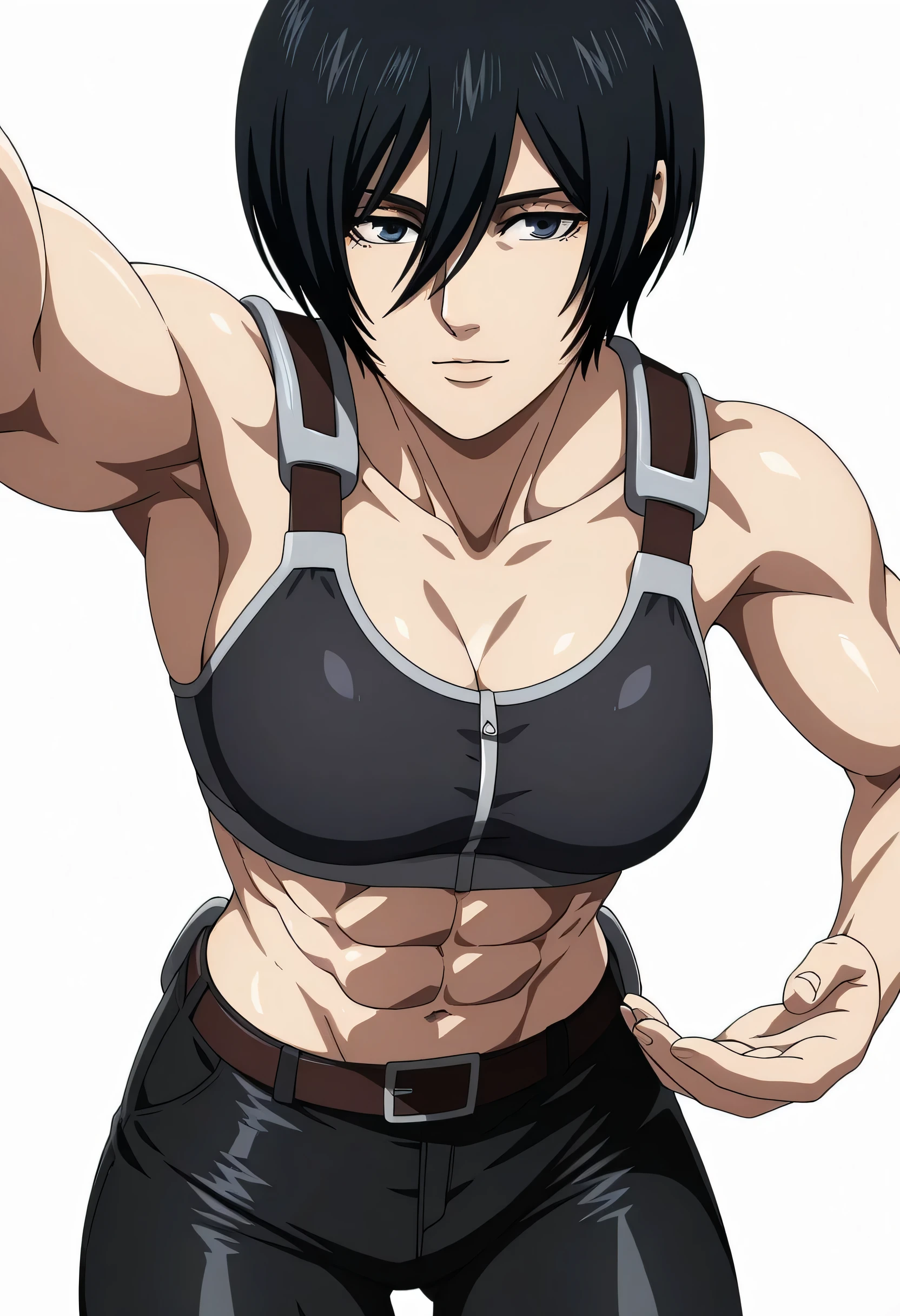 anime coloring, anime screencap, mikasa ackerman, 1girl, solo, short hair, black hair, towards viewer, badass, closed mouth, black sport bra, , belt, black tight pants, standing, cowboy shot, reaching towards viewer,, white background, simple background, masterpiece, best quality, highres, very aesthetic, very awa, newest, amazing details, intricate details, ultra detailed,six-pack,bluge between mikasa legs indicates that she have non erect penis,tone six-pack,lean,Matching design own anime,metal muscles designed,sexual pelvis muscles,mikasa handsome face,mikasa princes face,serratus anterior muscles,light smile,mikasa sexual energy enough to do 50 orgasms,sporting body,raise one hand up,armpit appear,sideway standing