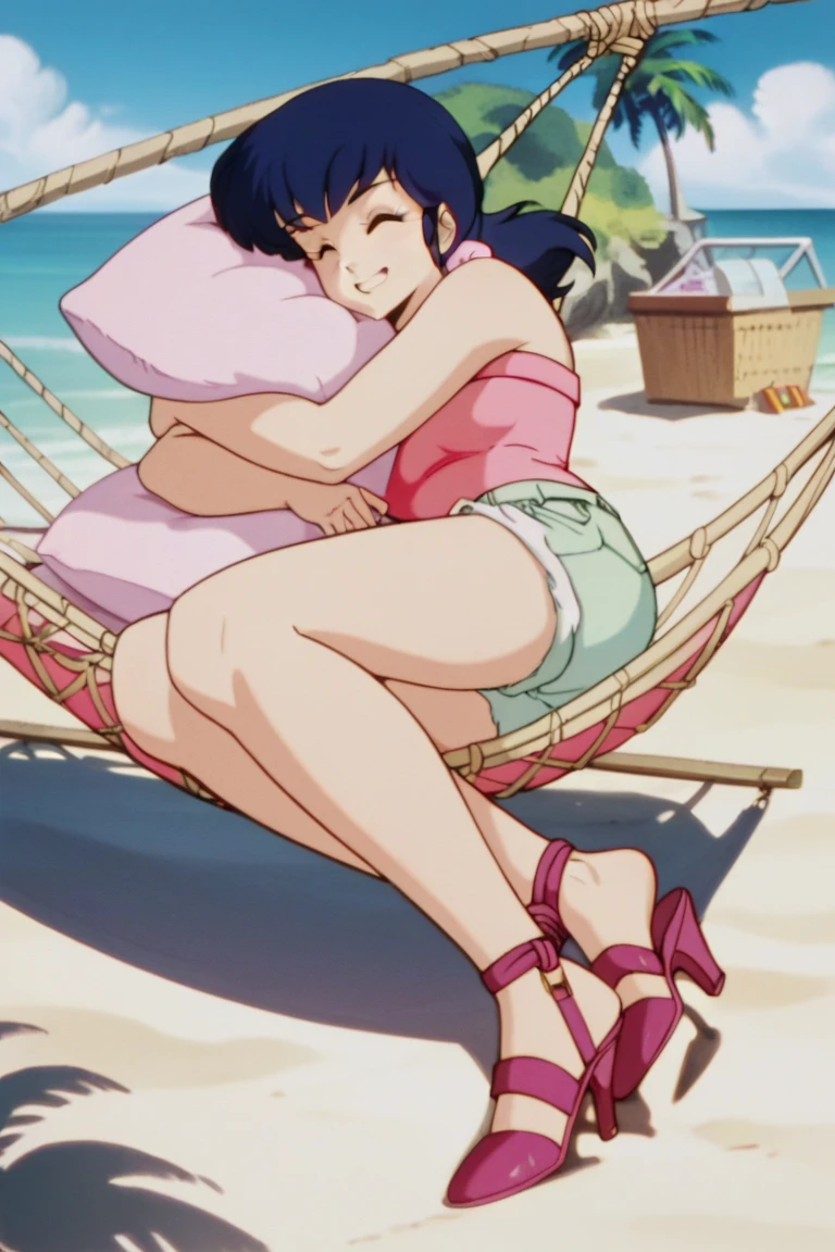 Bulma, 1girl, Blue hair, pink night gown, bare foot, beautiful female body, beautiful breasts, no underclothing, bare butt, showing vagina showing butthole, lifting nightgown, background: beach, standing, squatting