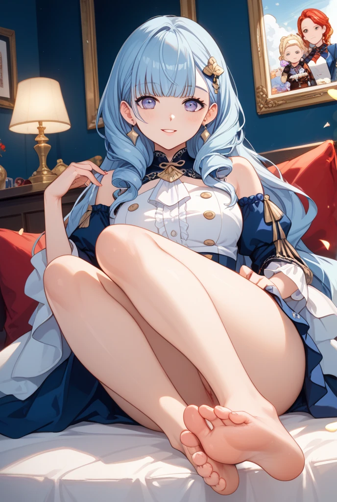 ((Best quality)), ((Masterpiece)), ((Ultra-detailed)), (illustration), (Detailed light), (An extremely delicate and beautiful),A charming young girl,Dramatic perspective,Footjob,lacy stockings,NSFW,huge tit