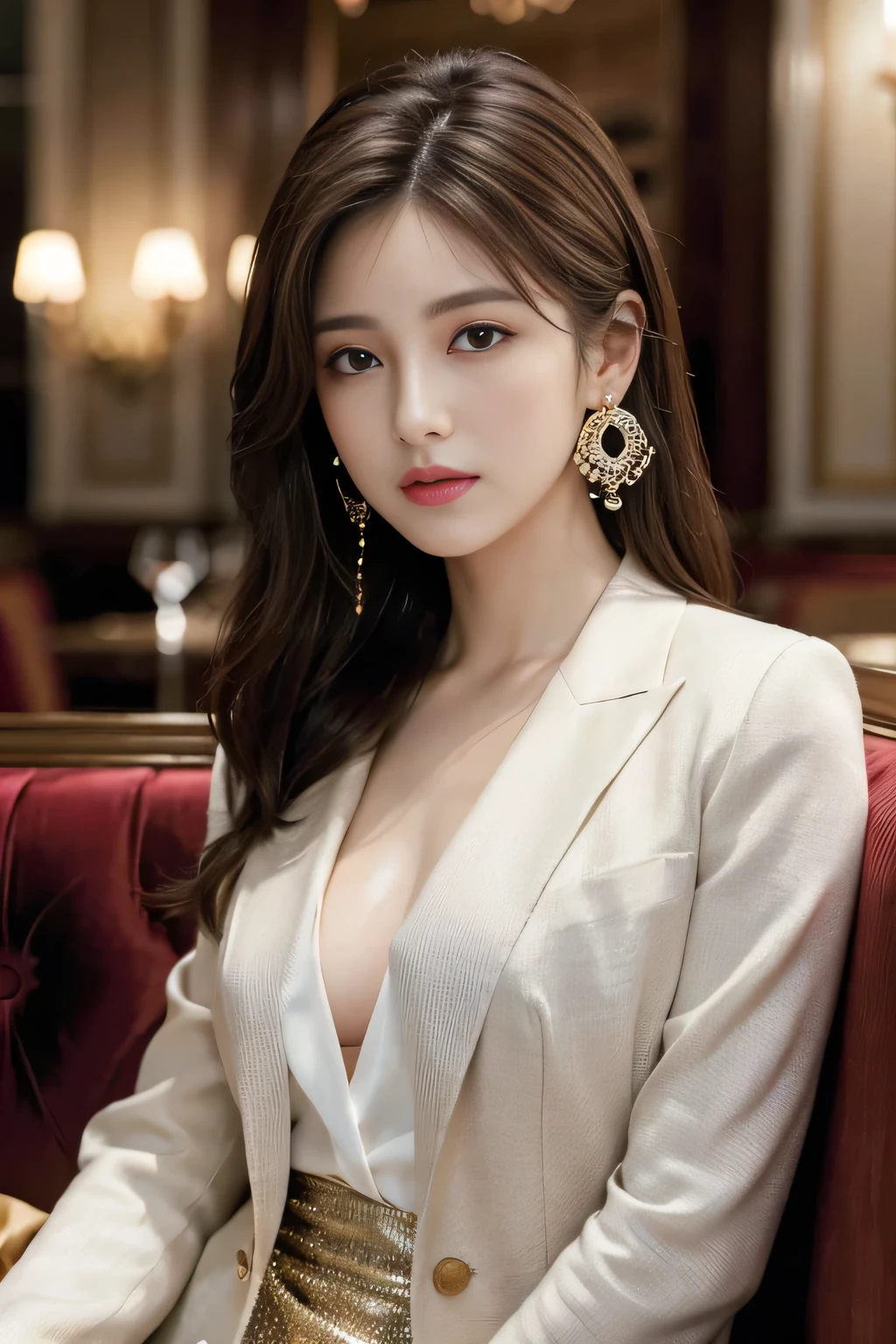 masterpiece, Highest quality, Realistic, Very detailed, Finer details, High resolution, 8k wallpaper, One beautiful woman, Wear a nice suit, In a great restaurant, At night, Light brown messy hair, Perfect dynamic composition, Beautiful and beautiful eyes、Big earrings、Sit on the sofa、
