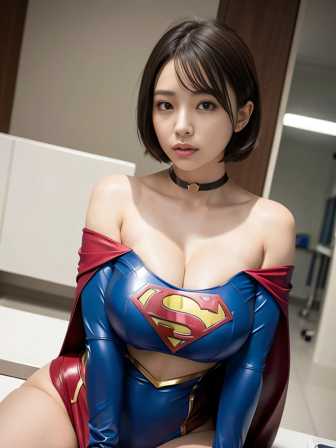 masterpiece、Rubber Supergirl Costume、short hair、Red rubber long boots、Big and ample breasts、looking at the camera、choker、Long sleeve、Cape、mini skirt、Off the shoulder、Sweaty skin、Hospital room、Photo magazine cover、Boasting beautiful legs、Posing leaning against the examination table、Knee-length boots、wallpaper for pc、